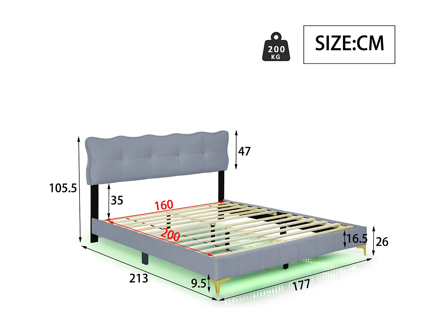 Cama de adulto em tecido veludo, cama de casal estofada com LED, estrado de ripas, cabeceira, pés altos em metal cinza 160x200cm