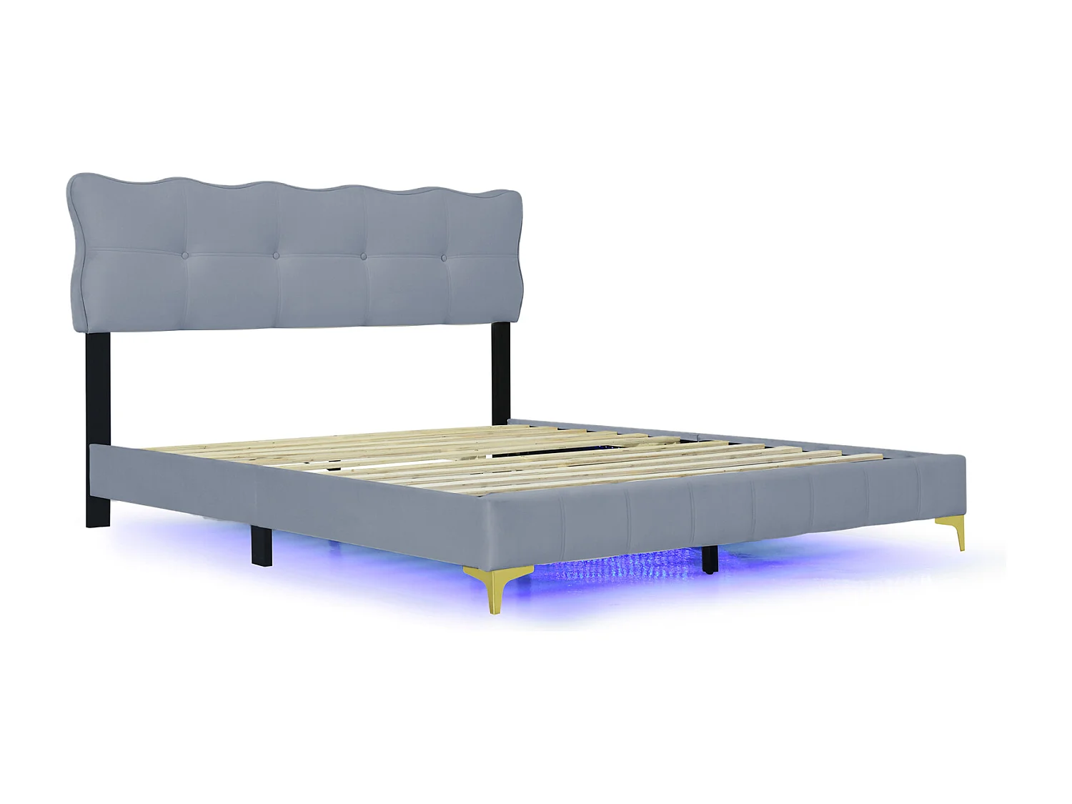 Cama de adulto em tecido veludo, cama de casal estofada com LED, estrado de ripas, cabeceira, pés altos em metal cinza 160x200cm