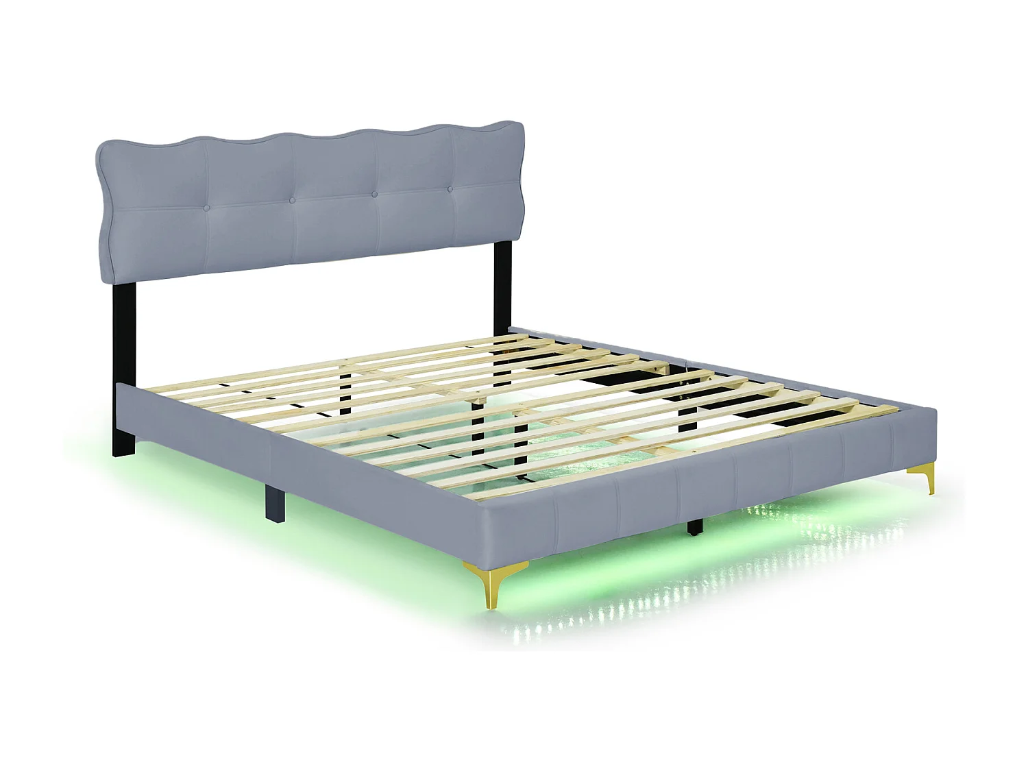 Cama de adulto em tecido veludo, cama de casal estofada com LED, estrado de ripas, cabeceira, pés altos em metal cinza 160x200cm