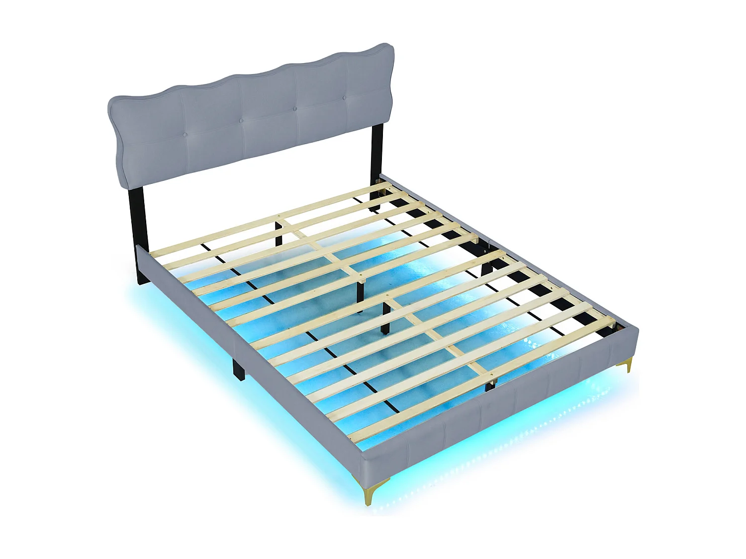 Cama de adulto em tecido veludo, cama de casal estofada com LED, estrado de ripas, cabeceira, pés altos em metal cinza 160x200cm