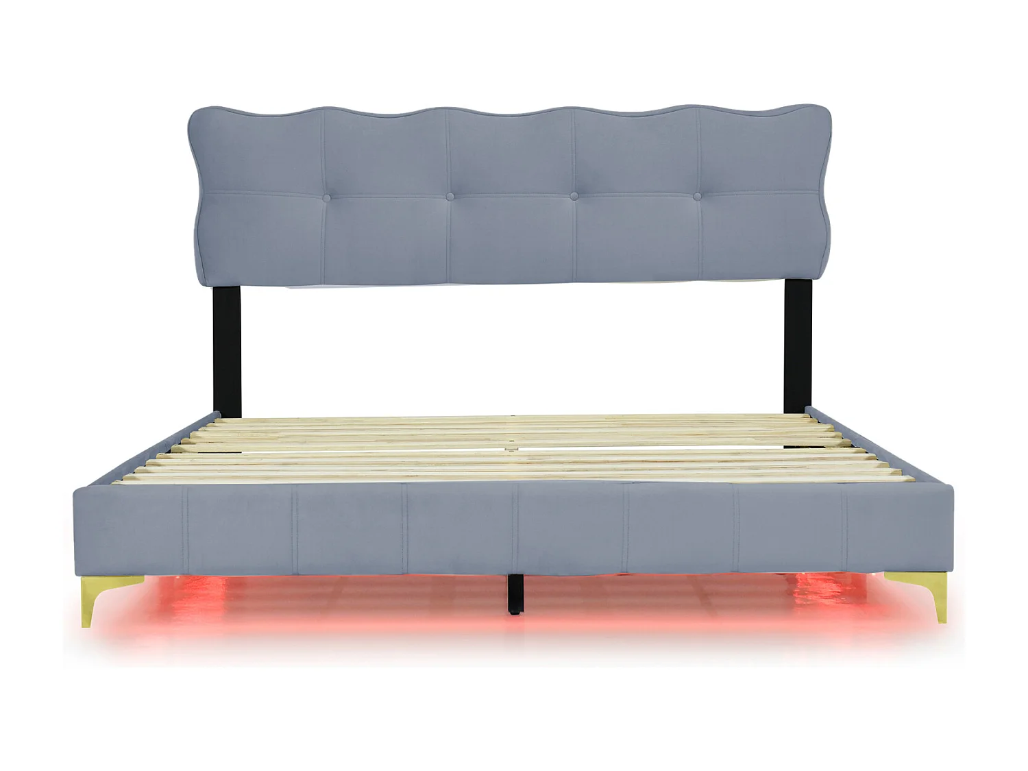 Cama de adulto em tecido veludo, cama de casal estofada com LED, estrado de ripas, cabeceira, pés altos em metal cinza 160x200cm