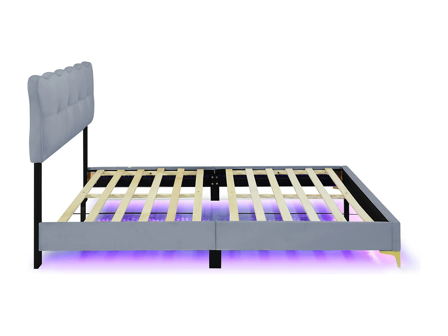 Cama de adulto em tecido veludo, cama de casal estofada com LED, estrado de ripas, cabeceira, pés altos em metal cinza 160x200cm