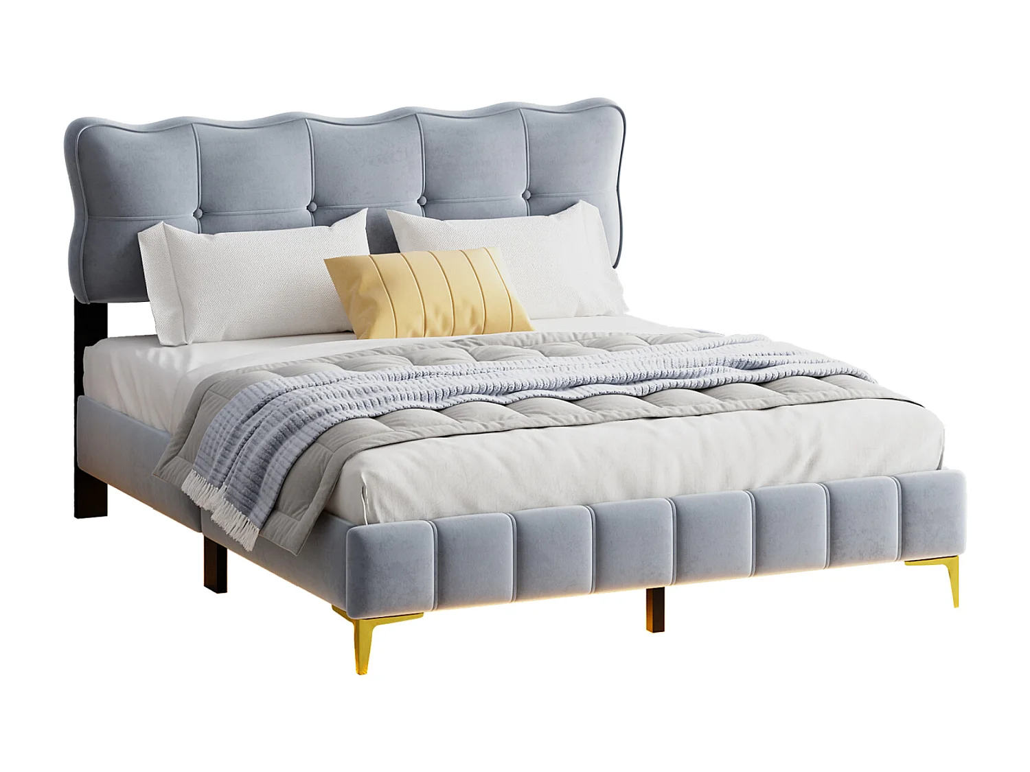 Cama de adulto em tecido veludo, cama de casal estofada com LED, estrado de ripas, cabeceira, pés altos em metal cinza 160x200cm