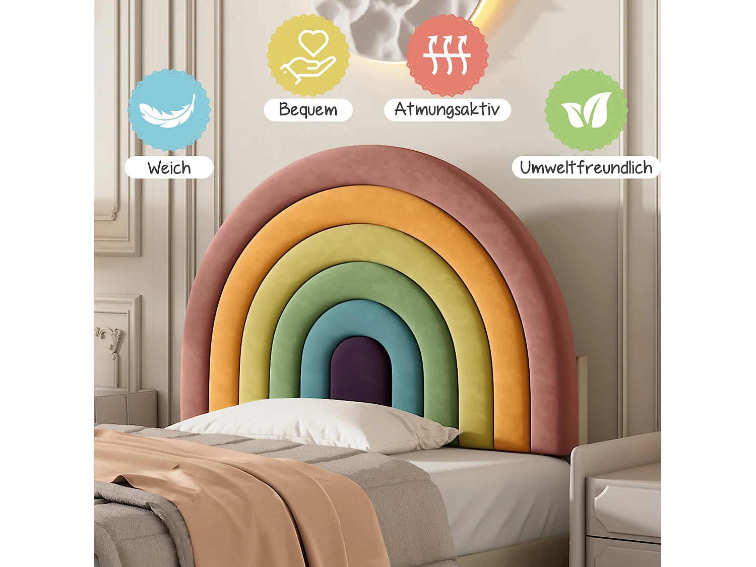 Eenpersoonsbed 90x200cm gestoffeerd met houten lattenbodem en verstelbaar regenboogvormig hoofdeinde - beige fluwelen bed