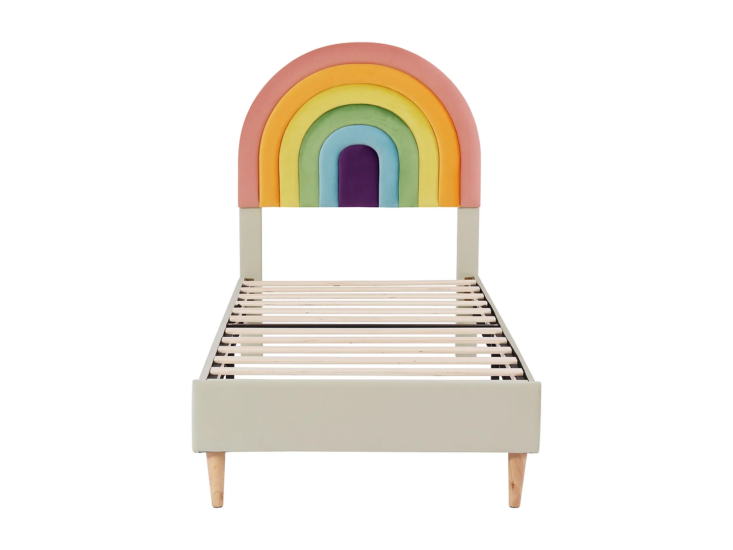 Eenpersoonsbed 90x200cm gestoffeerd met houten lattenbodem en verstelbaar regenboogvormig hoofdeinde - beige fluwelen bed