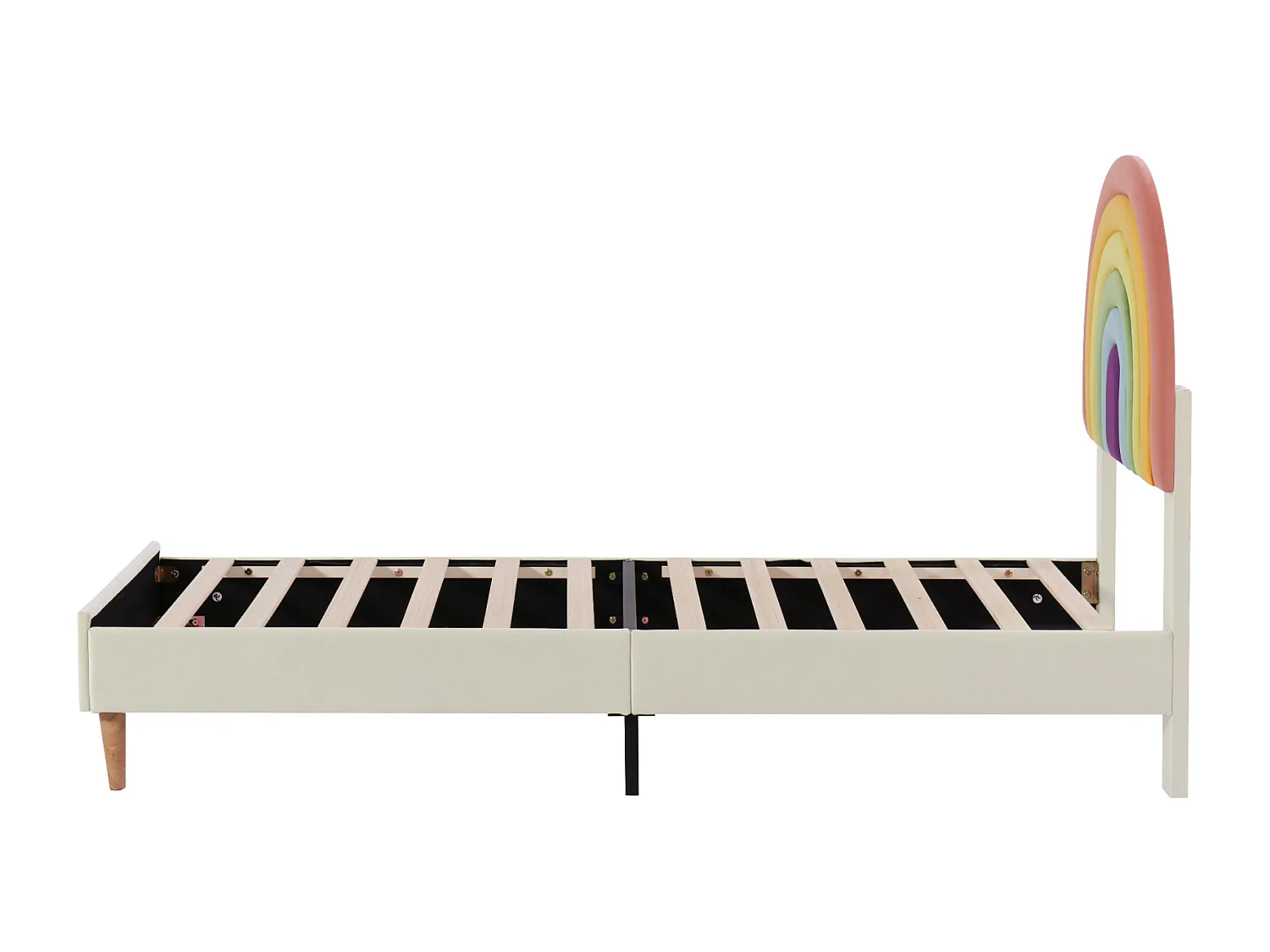 Eenpersoonsbed 90x200cm gestoffeerd met houten lattenbodem en verstelbaar regenboogvormig hoofdeinde - beige fluwelen bed