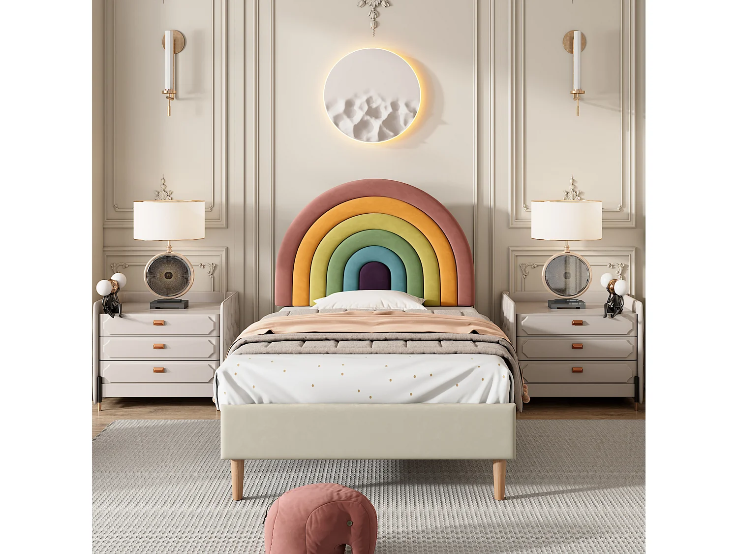 Eenpersoonsbed 90x200cm gestoffeerd met houten lattenbodem en verstelbaar regenboogvormig hoofdeinde - beige fluwelen bed
