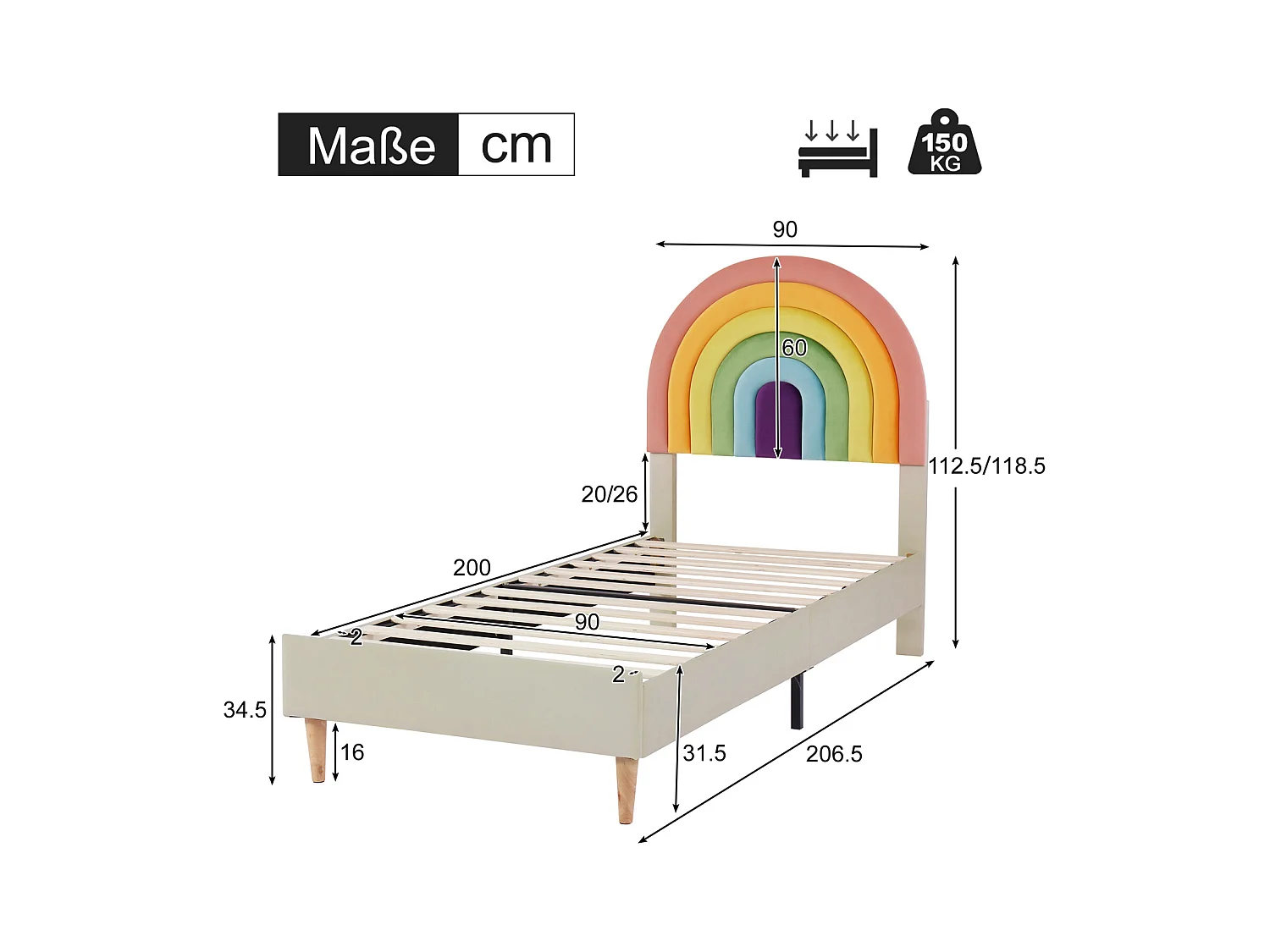 Eenpersoonsbed 90x200cm gestoffeerd met houten lattenbodem en verstelbaar regenboogvormig hoofdeinde - beige fluwelen bed