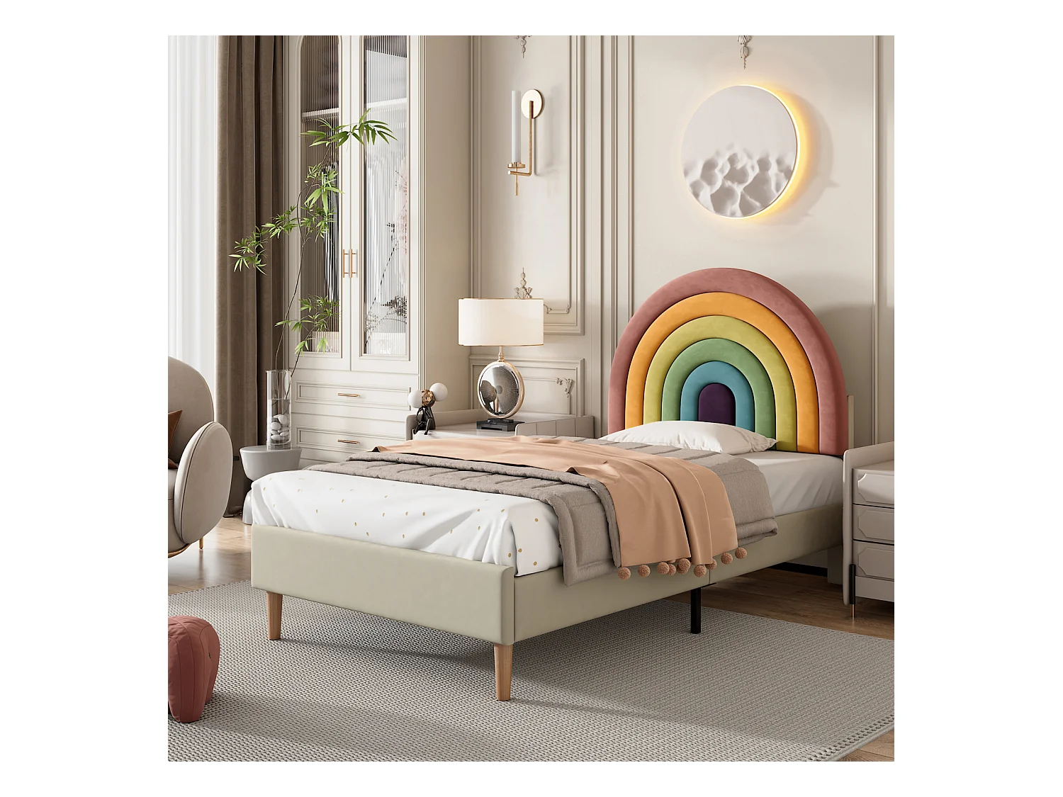 Eenpersoonsbed 90x200cm gestoffeerd met houten lattenbodem en verstelbaar regenboogvormig hoofdeinde - beige fluwelen bed