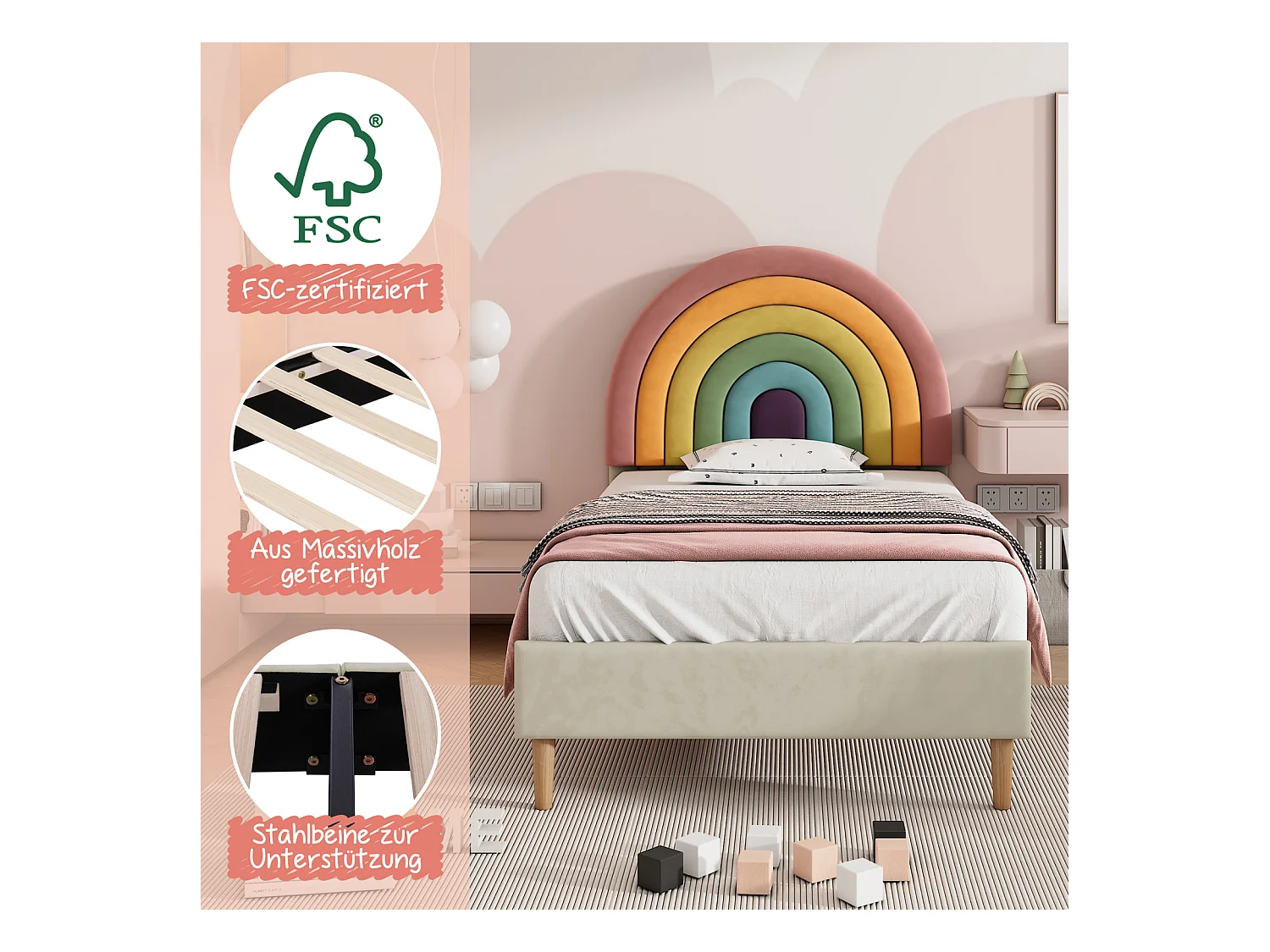 Eenpersoonsbed 90x200cm gestoffeerd met houten lattenbodem en verstelbaar regenboogvormig hoofdeinde - beige fluwelen bed