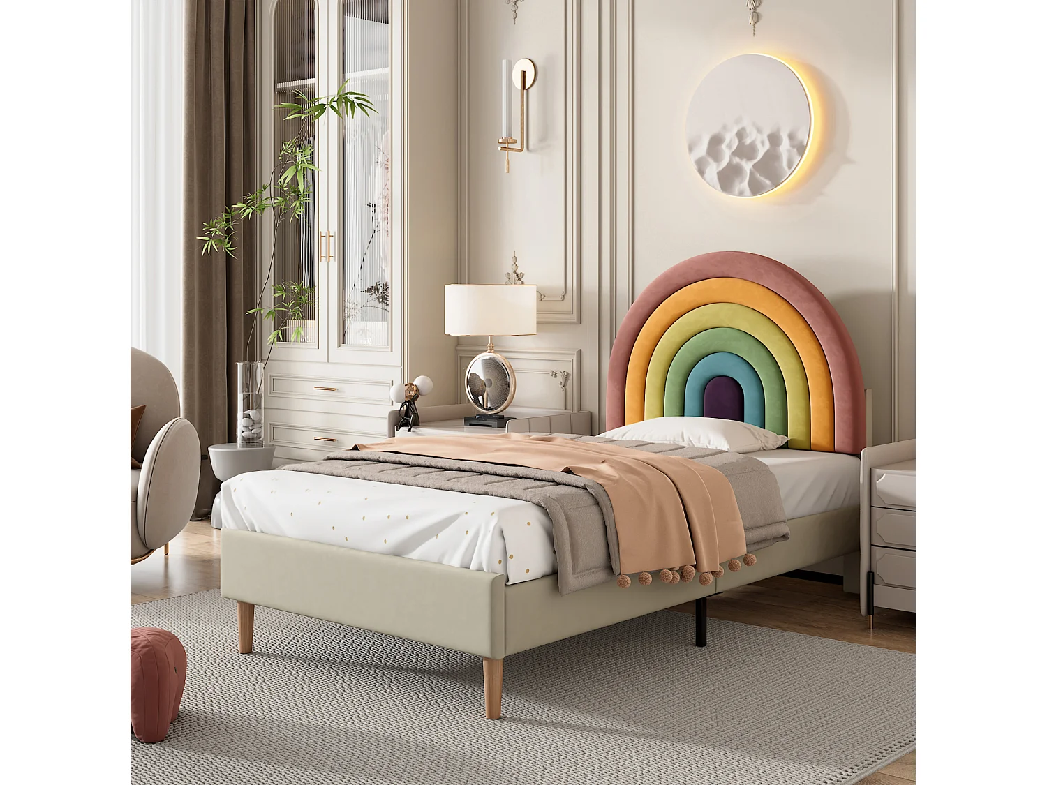 Lit simple 90x200cm capitonné avec sommier à lattes en bois et tête de lit réglable en forme de arc-en-ciel - lit en velour beige