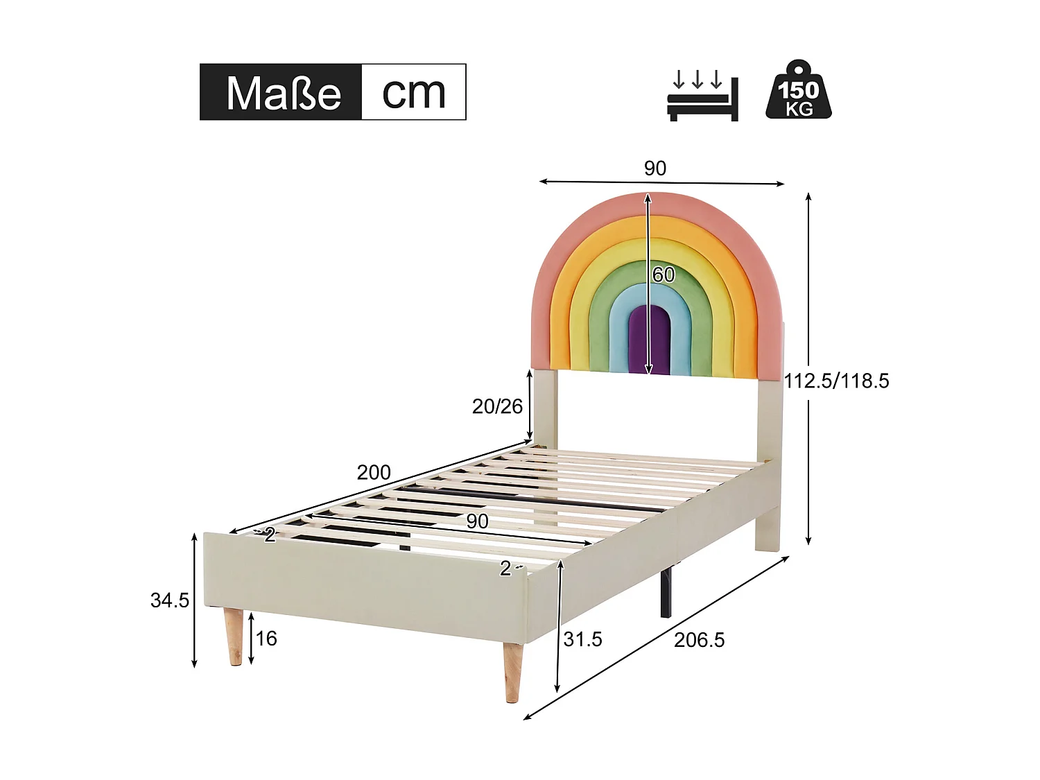 Lit simple 90x200cm capitonné avec sommier à lattes en bois et tête de lit réglable en forme de arc-en-ciel - lit en velour beige