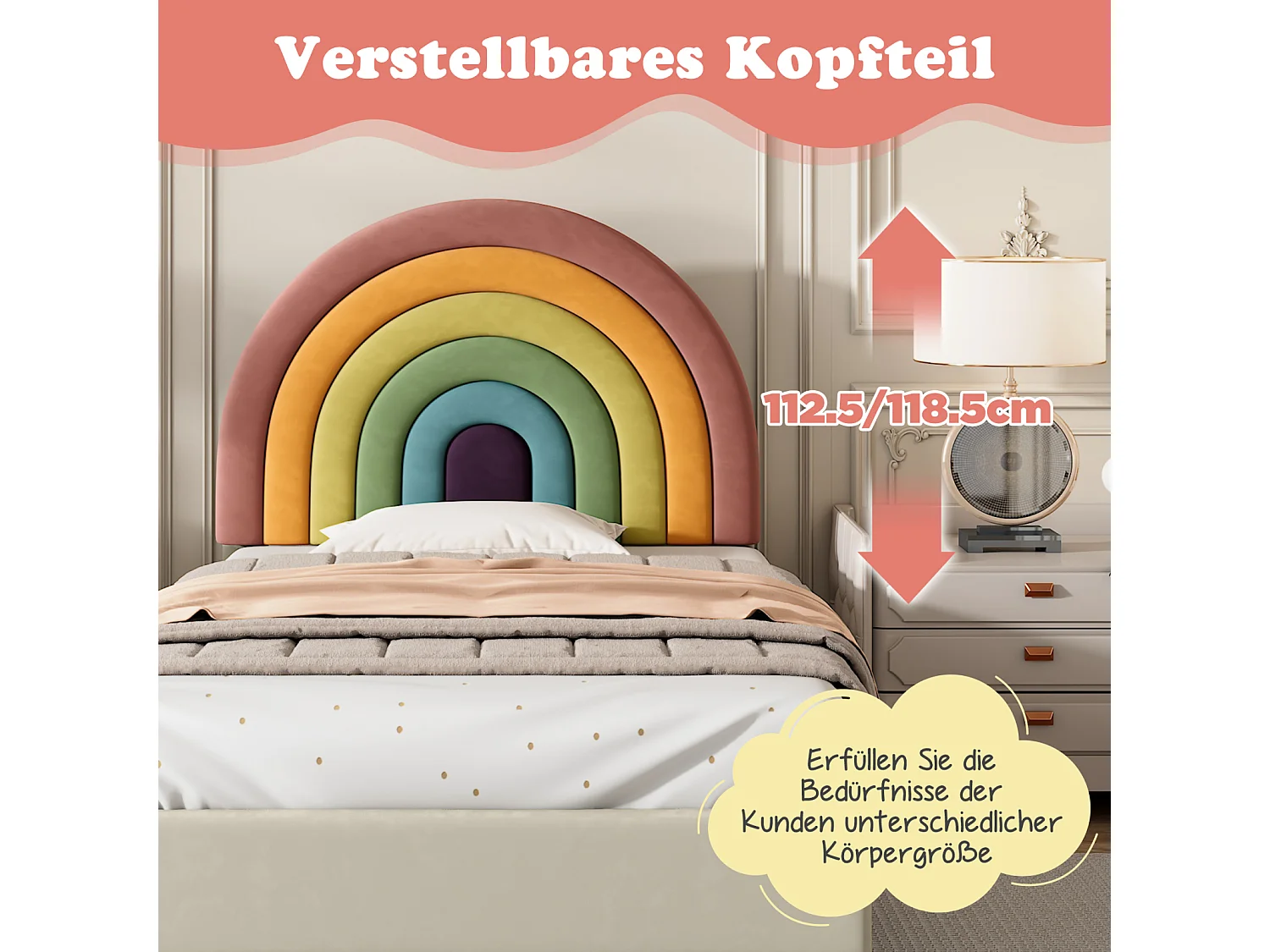 Lit simple 90x200cm capitonné avec sommier à lattes en bois et tête de lit réglable en forme de arc-en-ciel - lit en velour beige