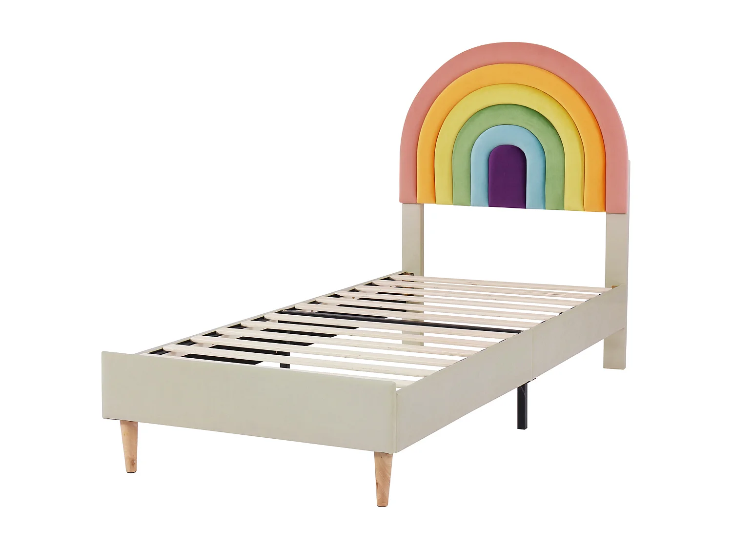 Lit simple 90x200cm capitonné avec sommier à lattes en bois et tête de lit réglable en forme de arc-en-ciel - lit en velour beige