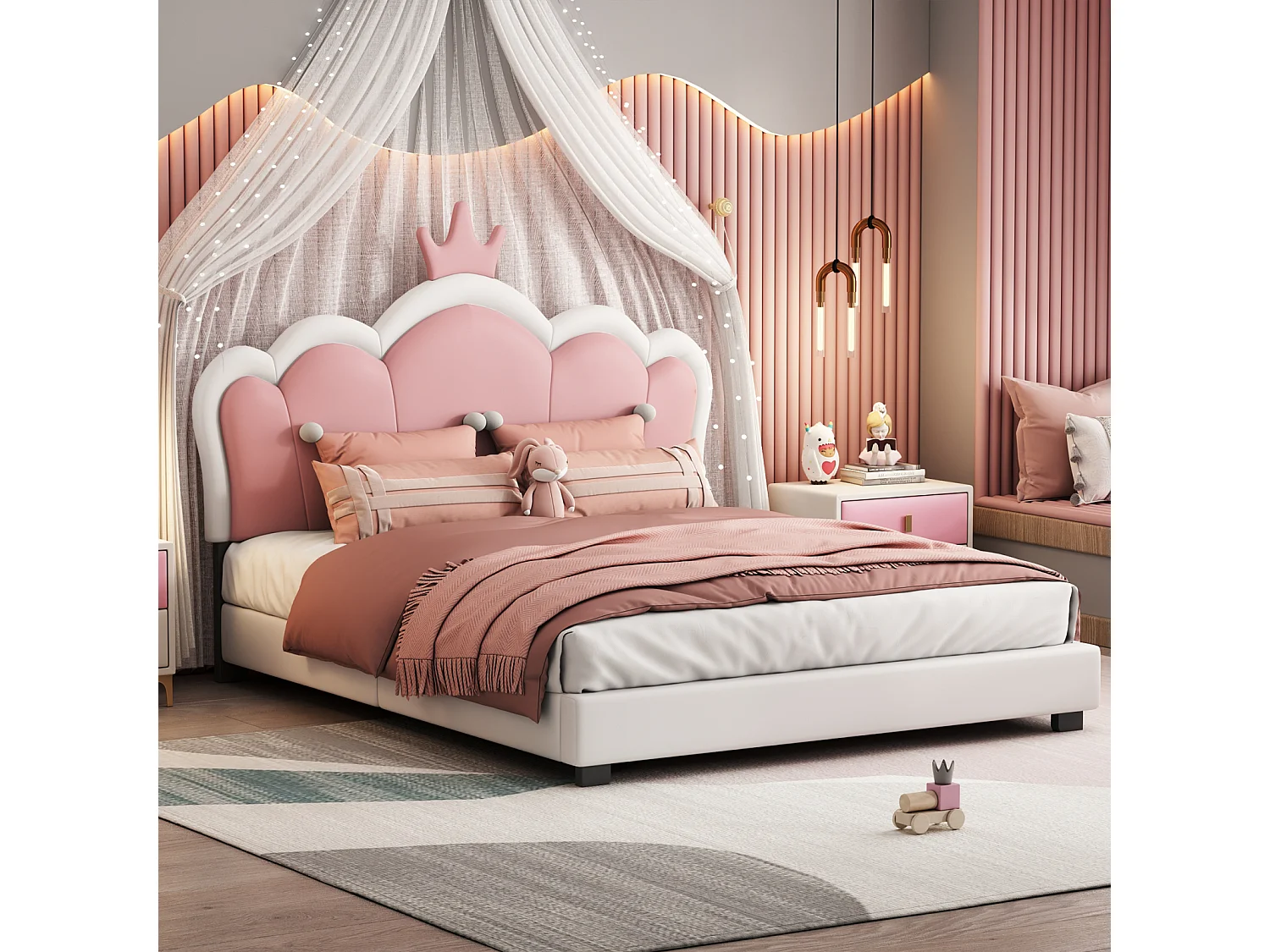 Cama 140x200cm - Cama Infantil con Cabecero Corona + Somier de Láminas - Blanco