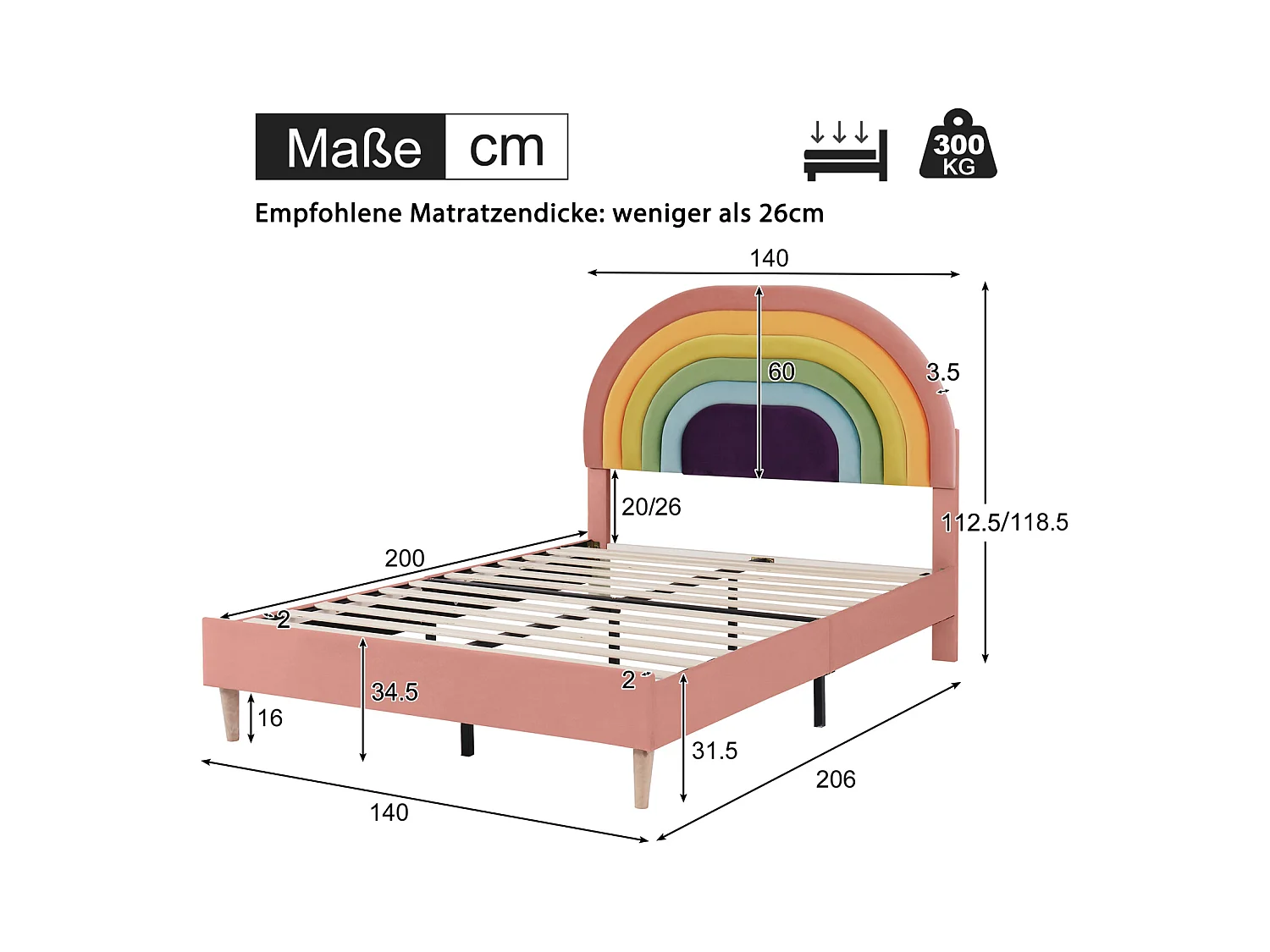 140x200cm volwassen bed gestoffeerd met houten lattenbodem en verstelbaar regenboogvormig hoofdeinde - roze fluwelen bed
