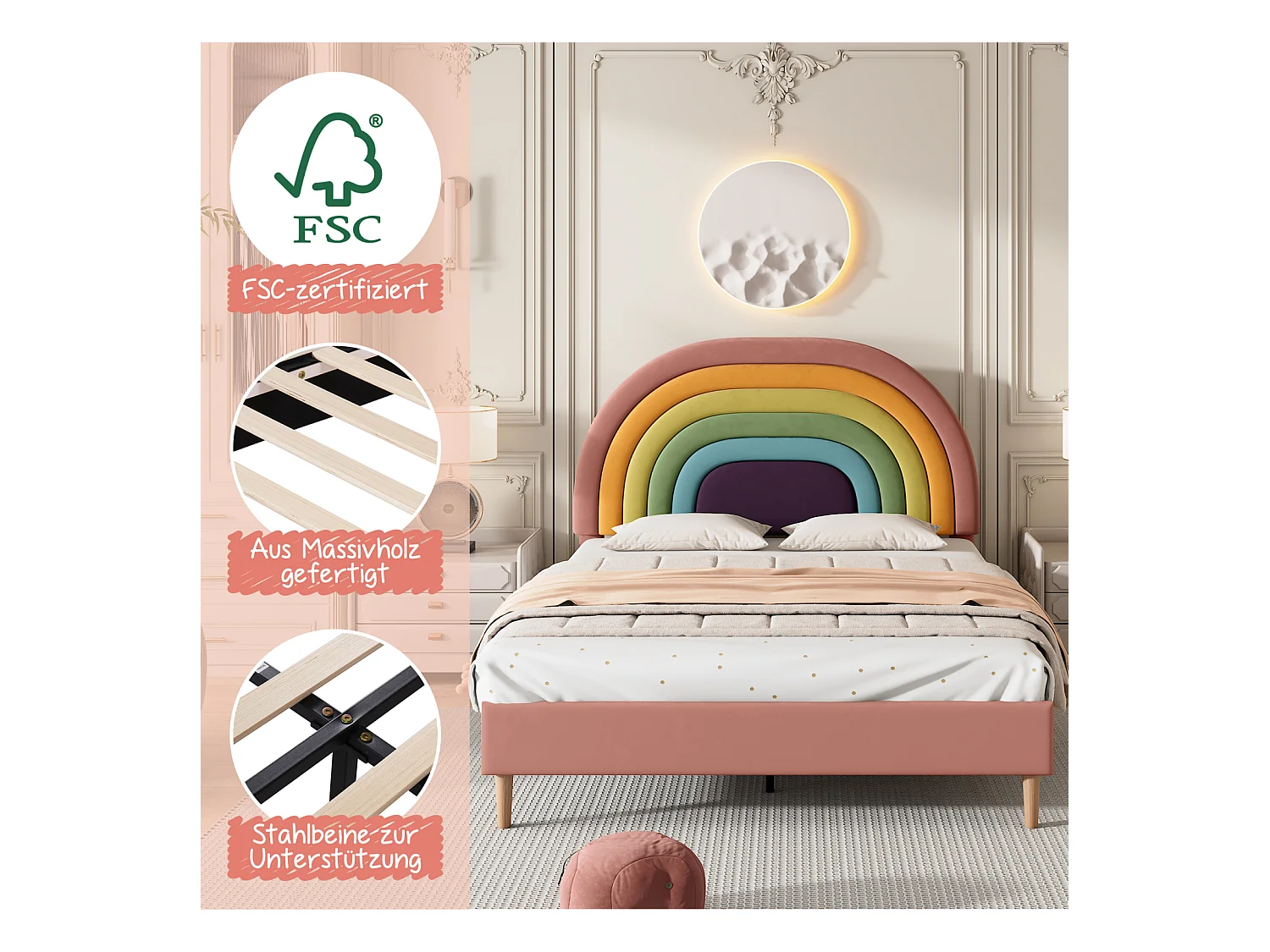 140x200cm volwassen bed gestoffeerd met houten lattenbodem en verstelbaar regenboogvormig hoofdeinde - roze fluwelen bed