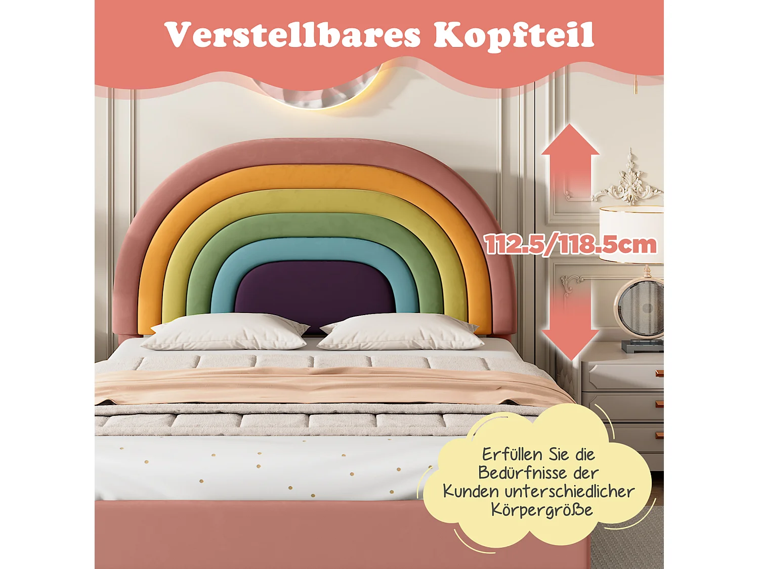 140x200cm volwassen bed gestoffeerd met houten lattenbodem en verstelbaar regenboogvormig hoofdeinde - roze fluwelen bed