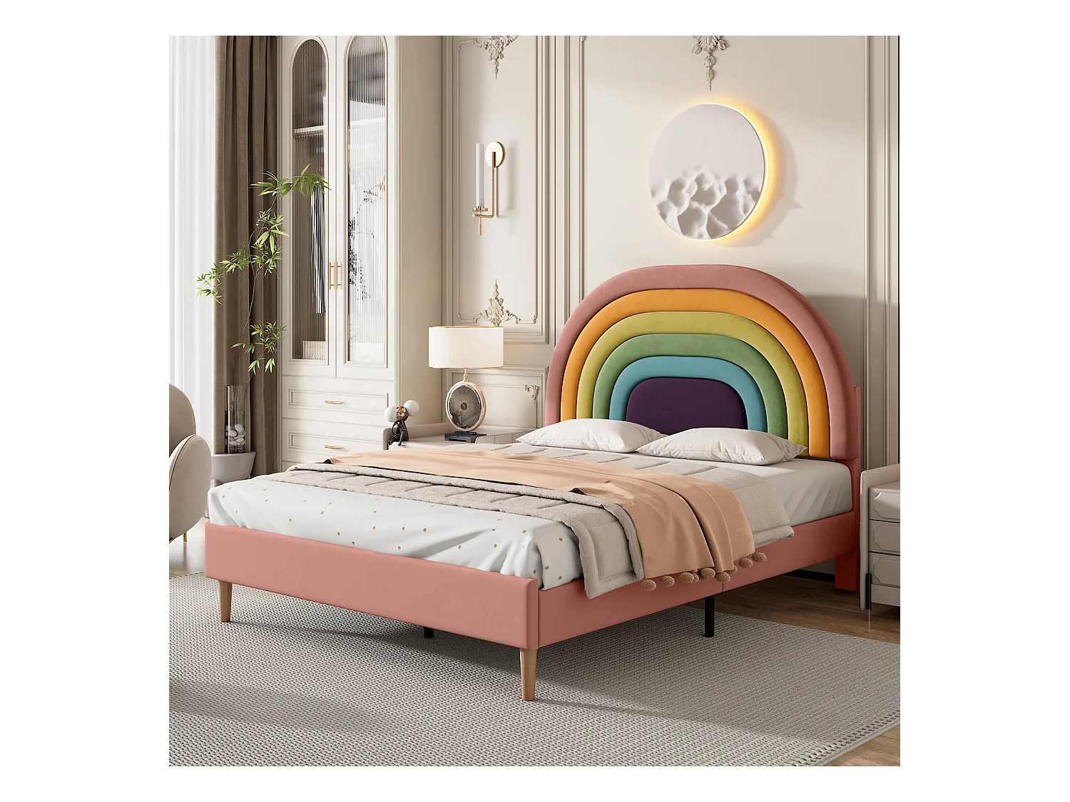 Lit adulte 140x200cm capitonné avec sommier à lattes en bois et tête de lit réglable en forme de arc-en-ciel - lit en velour rose
