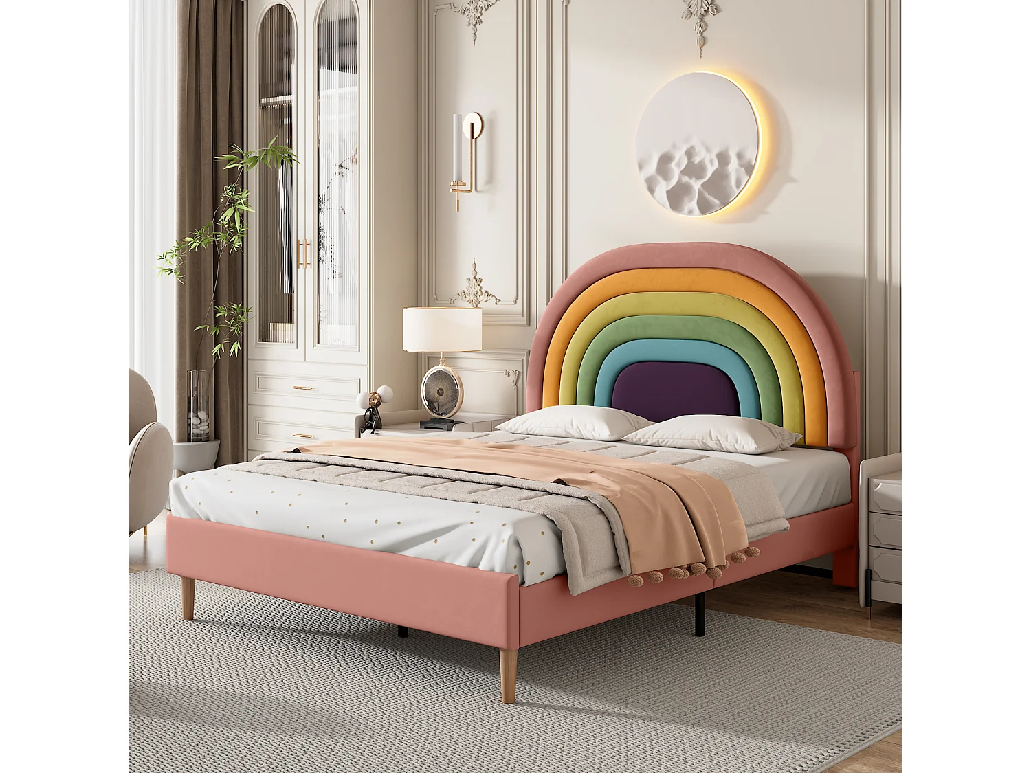 140x200cm volwassen bed gestoffeerd met houten lattenbodem en verstelbaar regenboogvormig hoofdeinde - roze fluwelen bed