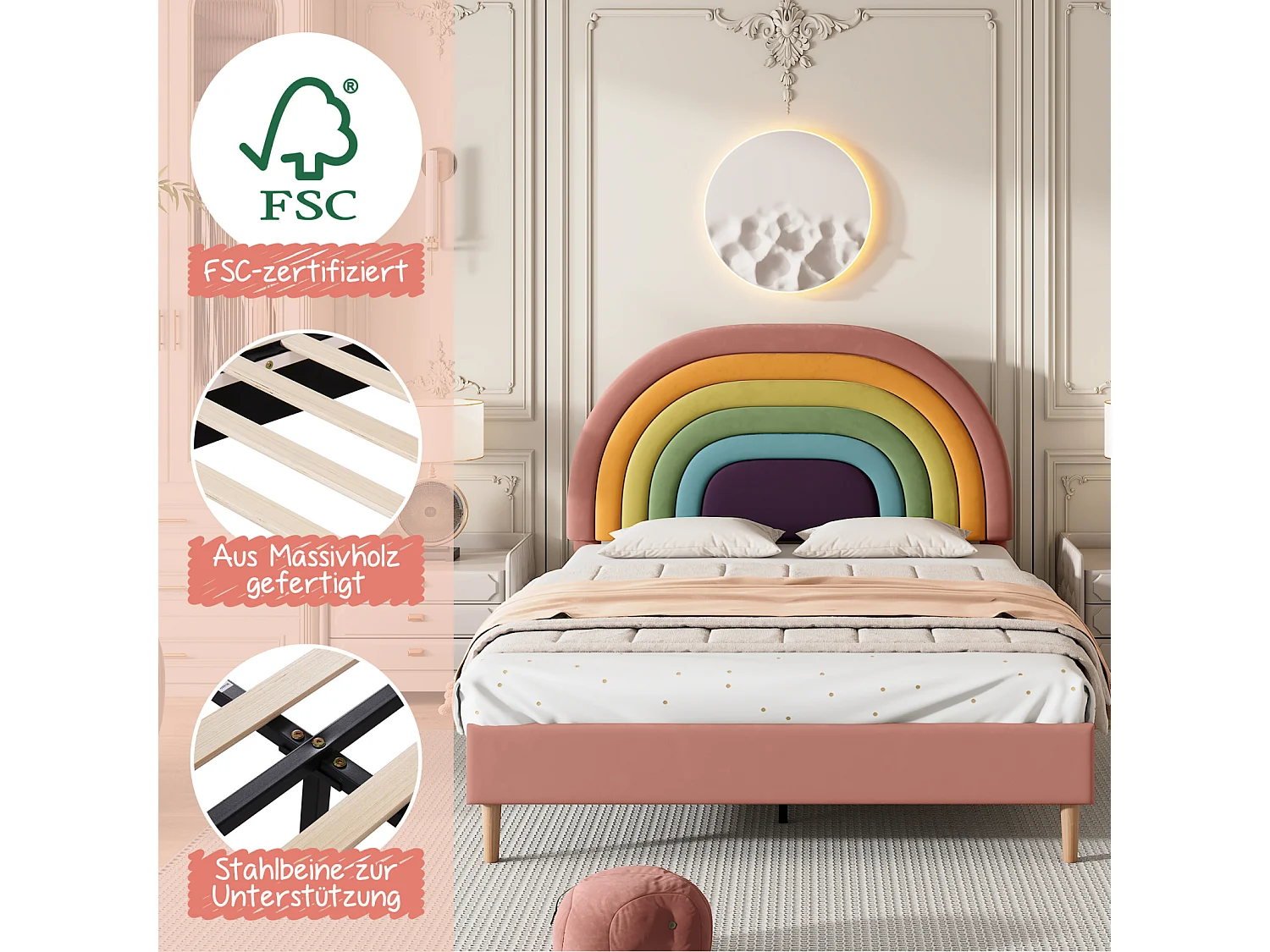 140x200cm volwassen bed gestoffeerd met houten lattenbodem en verstelbaar regenboogvormig hoofdeinde - roze fluwelen bed