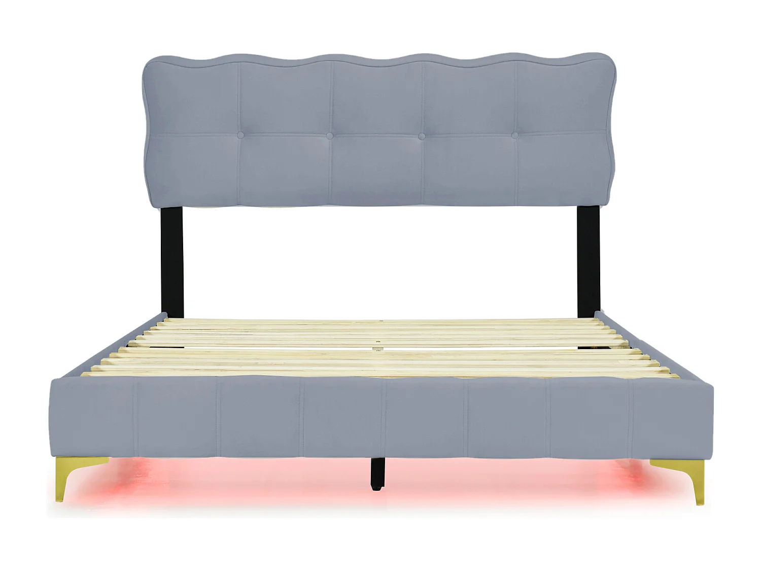 Volwassen bed in fluwelen stof, tweepersoonsbed gestoffeerd met LED, lattenbodem, hoofdbord, hoge grijze metalen poten 140x200cm