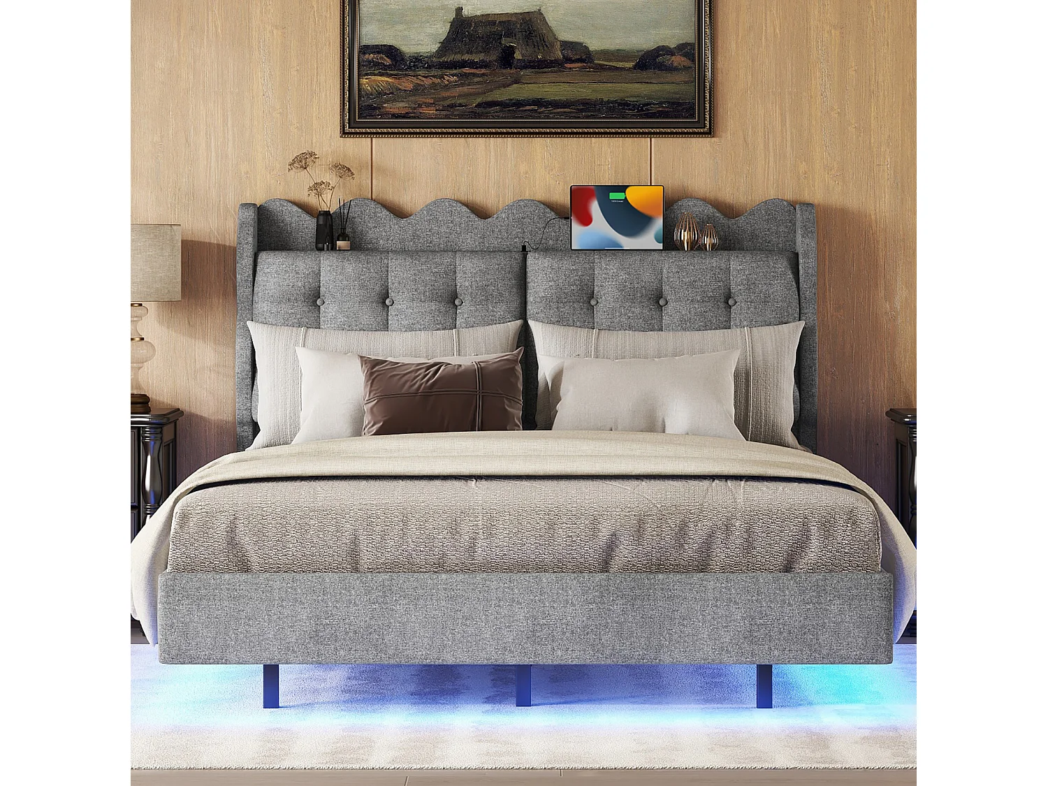 Lit adulte double 140x200cm, lit suspendu rembourré, avec sommier à lattes, tête de lit avec dossier et prise USB, cadre avec bande LED, Gris