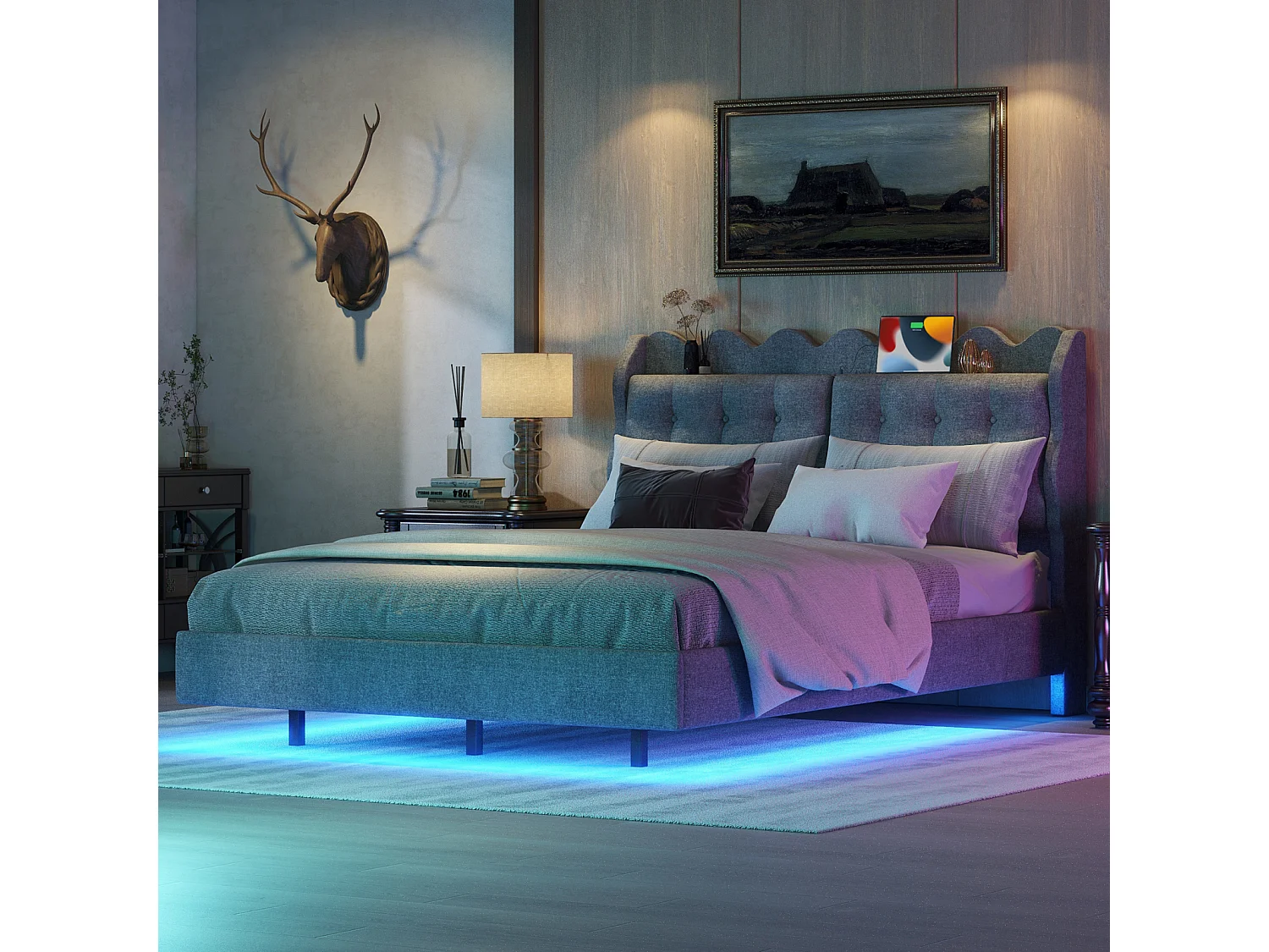 Lit adulte double 140x200cm, lit suspendu rembourré, avec sommier à lattes, tête de lit avec dossier et prise USB, cadre avec bande LED, Gris