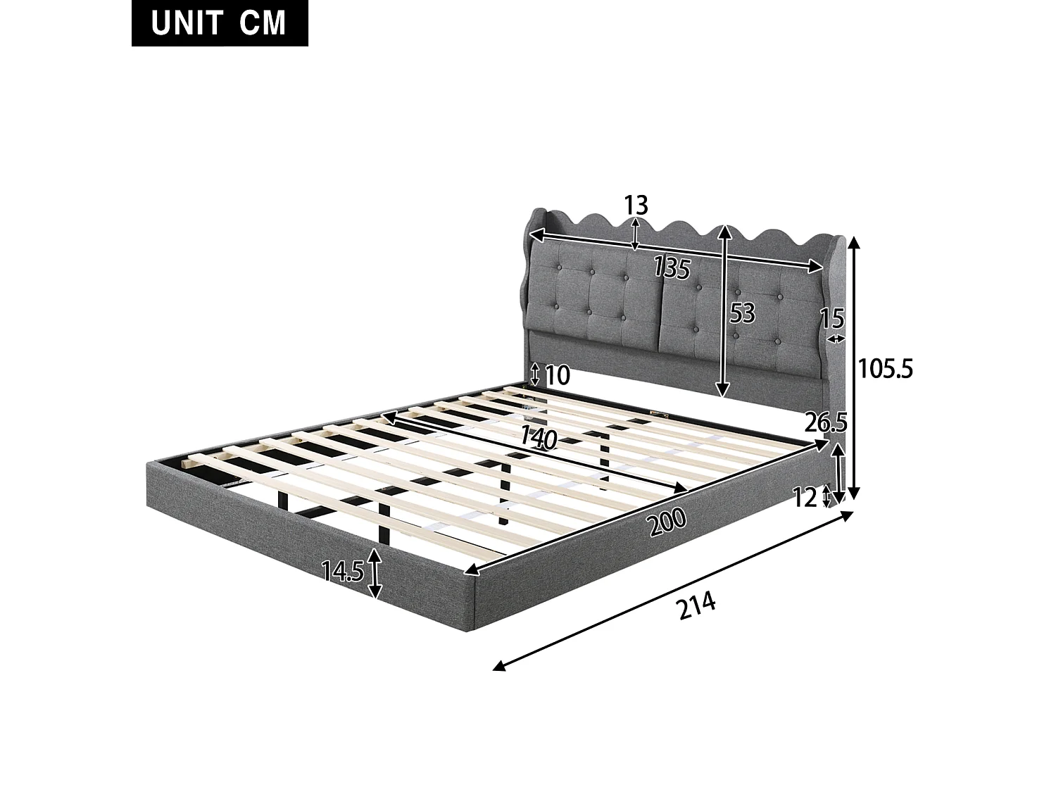 Lit adulte double 140x200cm, lit suspendu rembourré, avec sommier à lattes, tête de lit avec dossier et prise USB, cadre avec bande LED, Gris