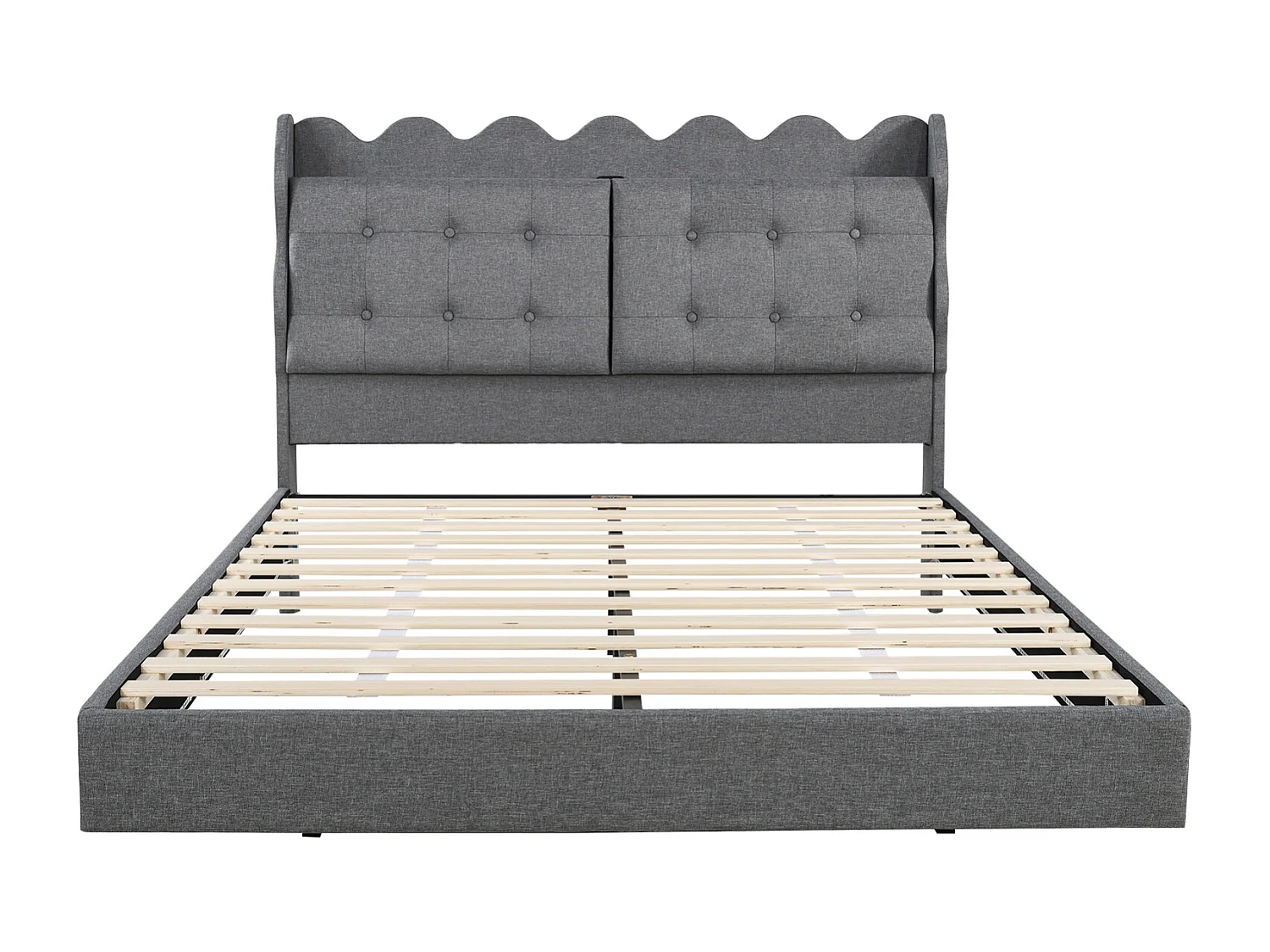 Lit adulte double 140x200cm, lit suspendu rembourré, avec sommier à lattes, tête de lit avec dossier et prise USB, cadre avec bande LED, Gris