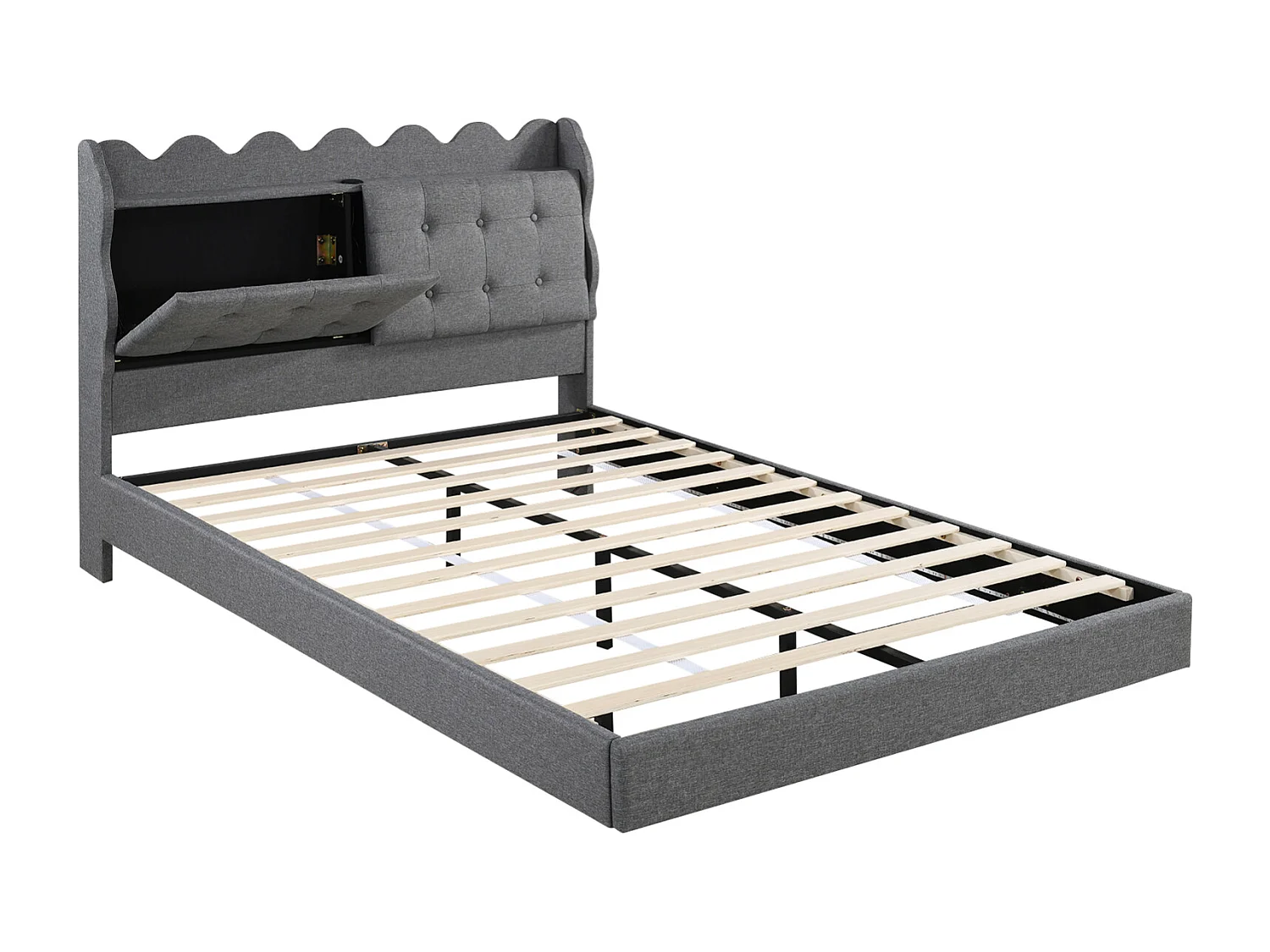 Lit adulte double 140x200cm, lit suspendu rembourré, avec sommier à lattes, tête de lit avec dossier et prise USB, cadre avec bande LED, Gris