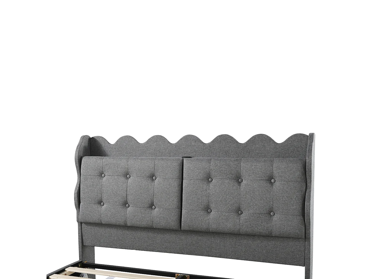 Lit adulte double 140x200cm, lit suspendu rembourré, avec sommier à lattes, tête de lit avec dossier et prise USB, cadre avec bande LED, Gris