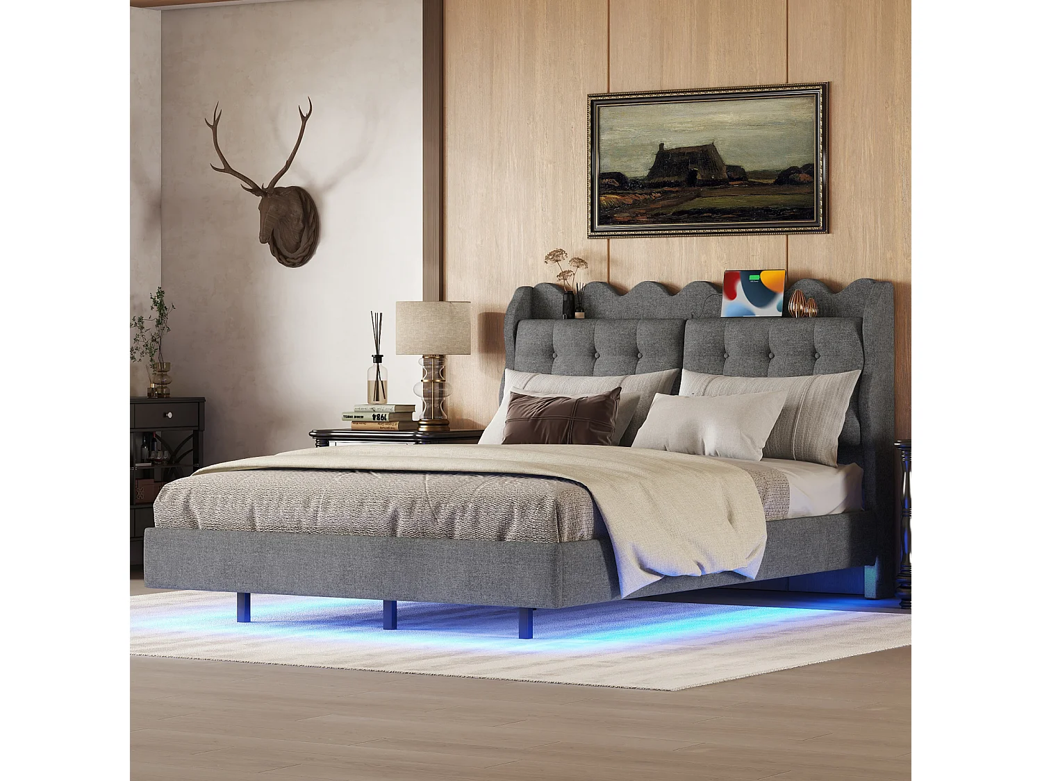 Lit adulte double 140x200cm, lit suspendu rembourré, avec sommier à lattes, tête de lit avec dossier et prise USB, cadre avec bande LED, Gris