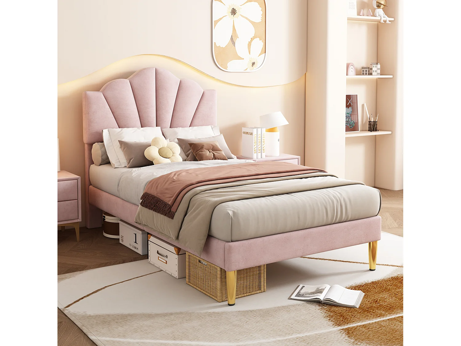 Lit adulte simple rembourré en velours, avec sommier à lattes en bois, tête de lit réglable en forme de coquille, pieds en fer doré, 90x200cm rose