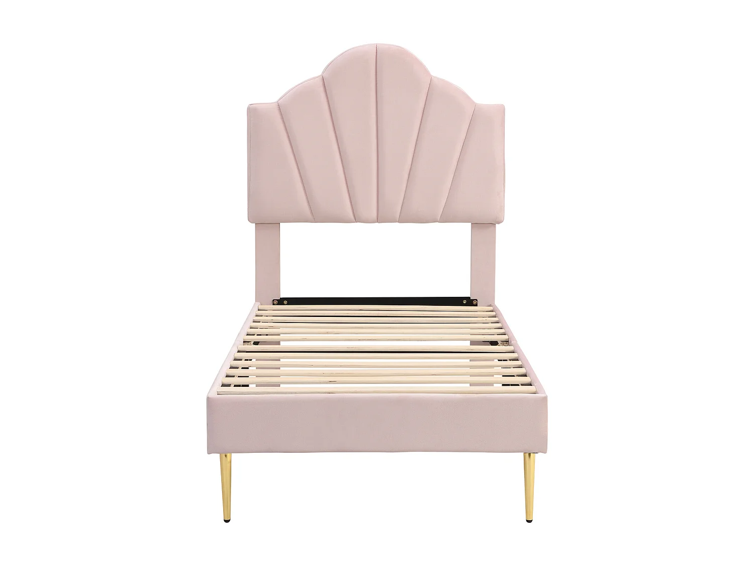 Lit adulte simple rembourré en velours, avec sommier à lattes en bois, tête de lit réglable en forme de coquille, pieds en fer doré, 90x200cm rose