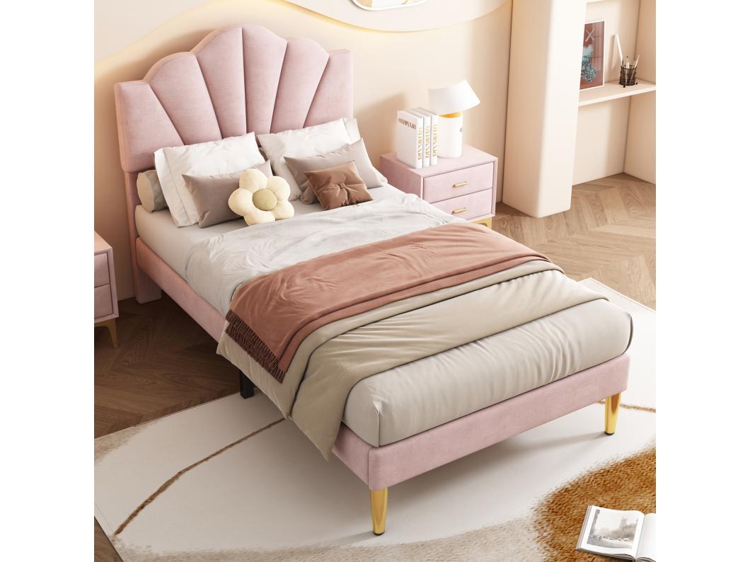 Cama individual para adulto tapizada en terciopelo, con somier de láminas de madera, cabecero regulable en forma de concha, patas de hierro dorado, 90x200cm rosa