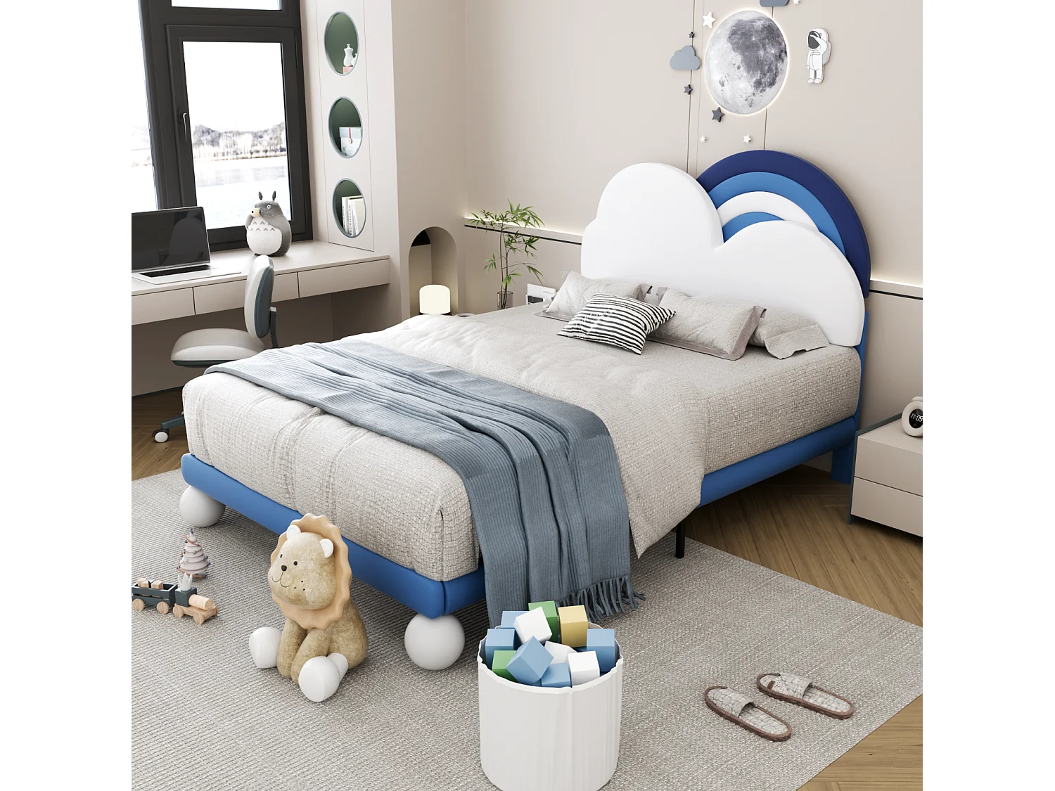 Gestoffeerd tweepersoonsbed 140x200cm, met lattenbodem en in hoogte verstelbaar hoofdbord, PU, ​​​​blauw