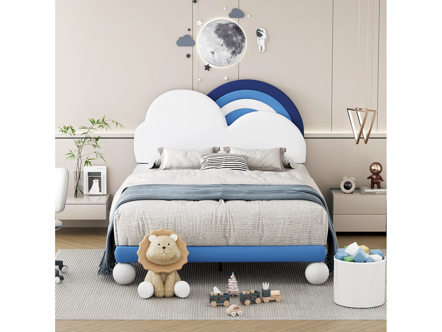 Gestoffeerd tweepersoonsbed 140x200cm, met lattenbodem en in hoogte verstelbaar hoofdbord, PU, ​​​​blauw