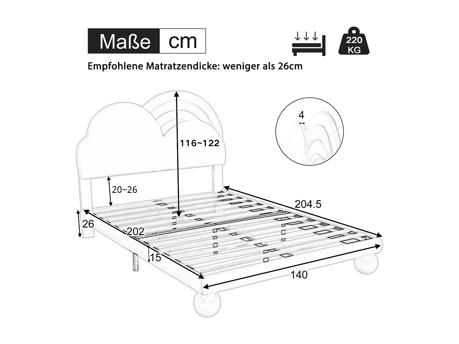 Gestoffeerd tweepersoonsbed 140x200cm, met lattenbodem en in hoogte verstelbaar hoofdbord, PU, ​​​​blauw
