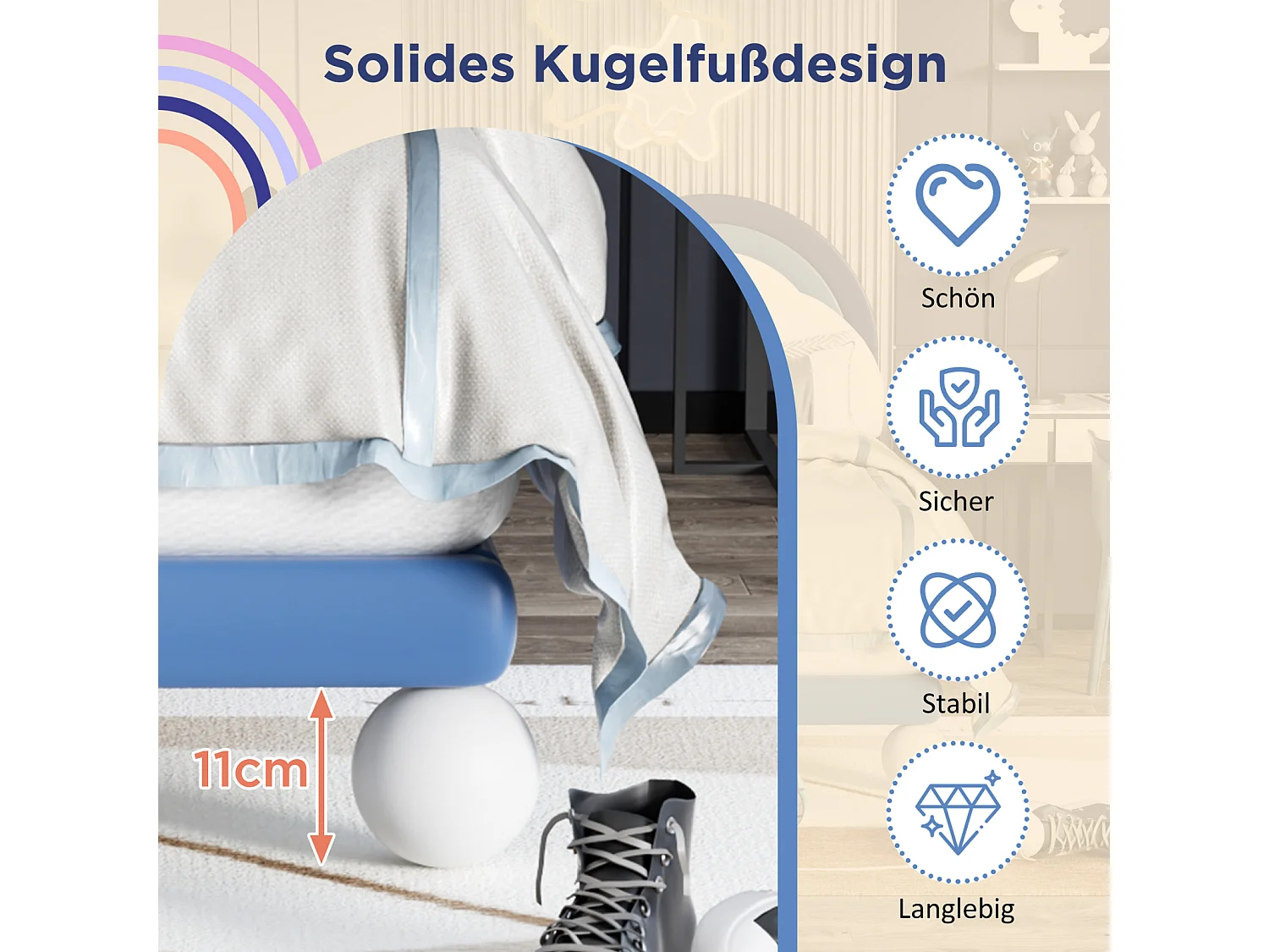 Gestoffeerd tweepersoonsbed 140x200cm, met lattenbodem en in hoogte verstelbaar hoofdbord, PU, ​​​​blauw