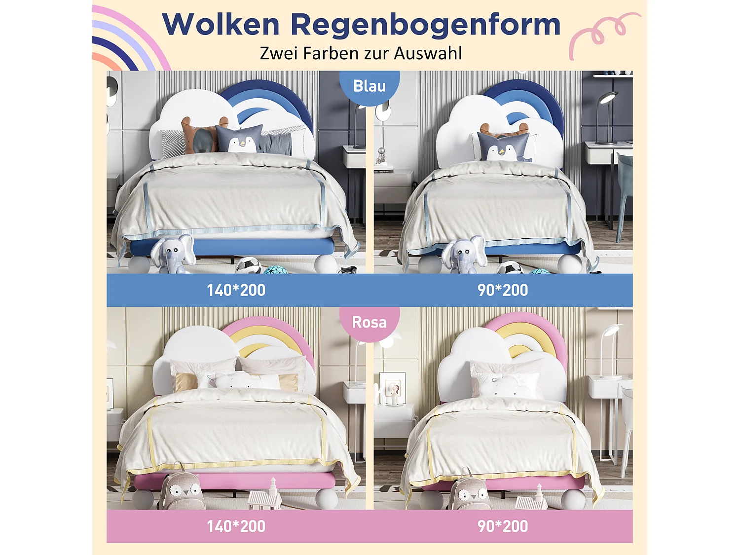 Gestoffeerd tweepersoonsbed 140x200cm, met lattenbodem en in hoogte verstelbaar hoofdbord, PU, ​​​​blauw