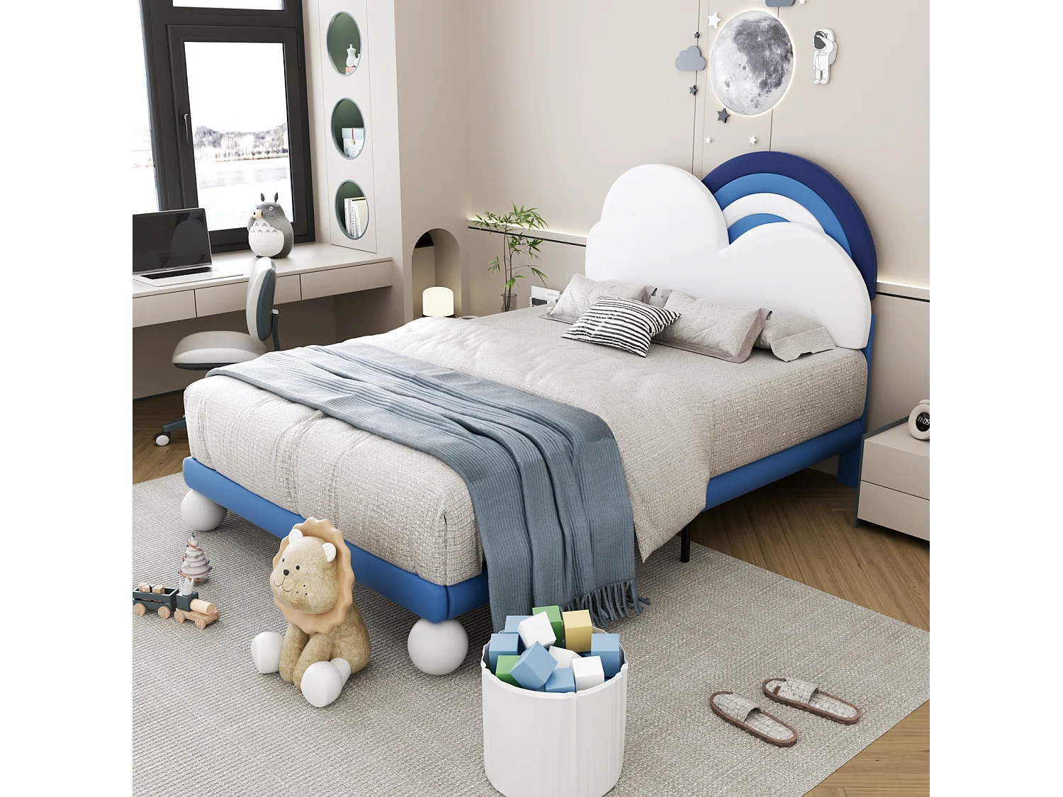 Gestoffeerd tweepersoonsbed 140x200cm, met lattenbodem en in hoogte verstelbaar hoofdbord, PU, ​​​​blauw