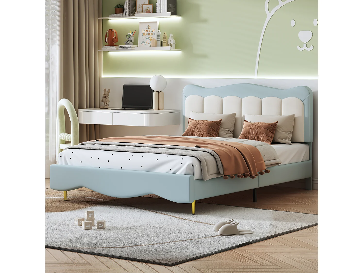 Volwassen bed 140x200cm, PU-lederen kinderbed, met lattenbodem, schattig hoofdbord, matras niet inbegrepen, lichtblauw