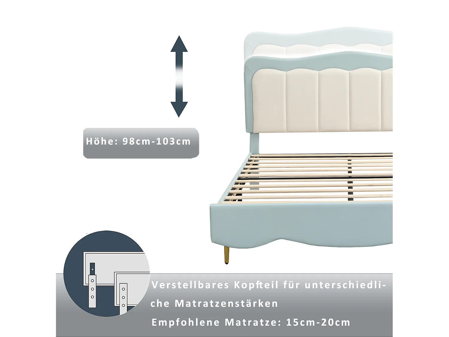 Volwassen bed 140x200cm, PU-lederen kinderbed, met lattenbodem, schattig hoofdbord, matras niet inbegrepen, lichtblauw