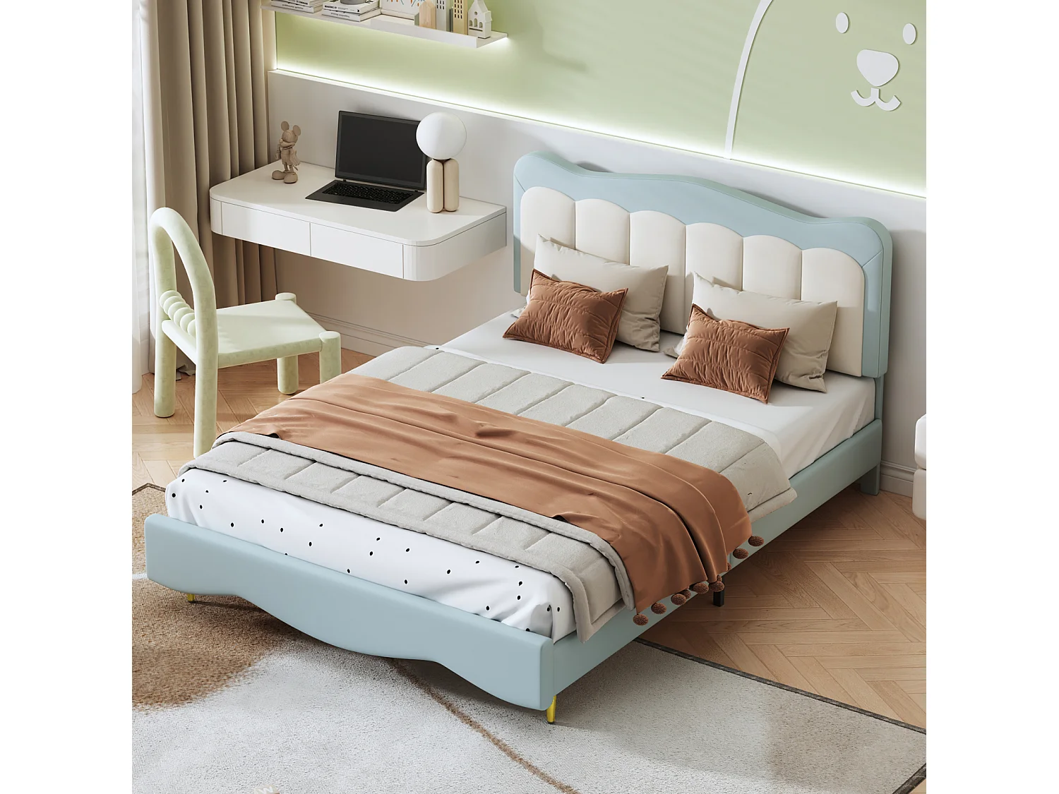 Volwassen bed 140x200cm, PU-lederen kinderbed, met lattenbodem, schattig hoofdbord, matras niet inbegrepen, lichtblauw