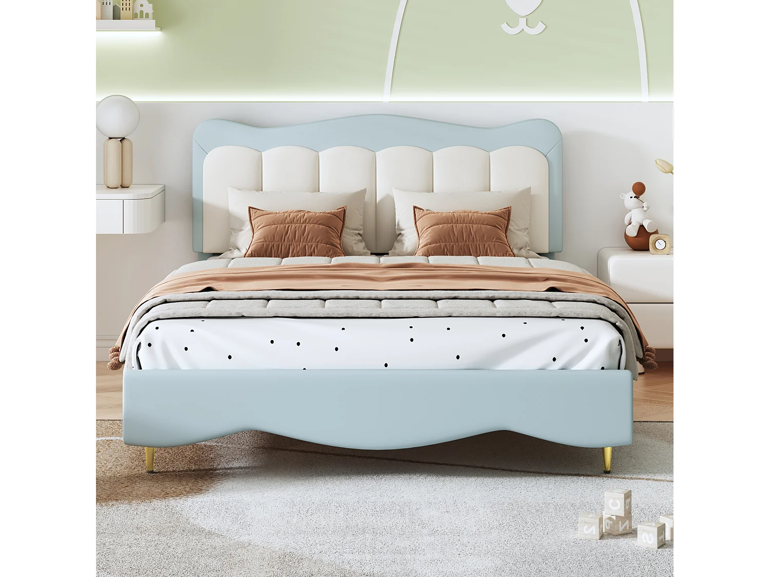 Volwassen bed 140x200cm, PU-lederen kinderbed, met lattenbodem, schattig hoofdbord, matras niet inbegrepen, lichtblauw