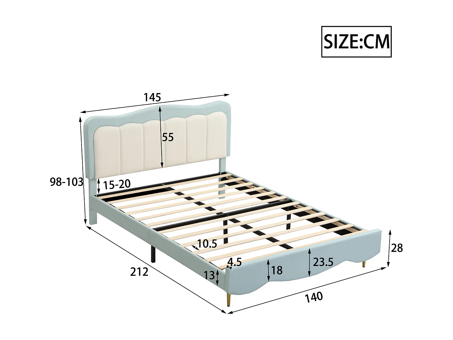 Volwassen bed 140x200cm, PU-lederen kinderbed, met lattenbodem, schattig hoofdbord, matras niet inbegrepen, lichtblauw