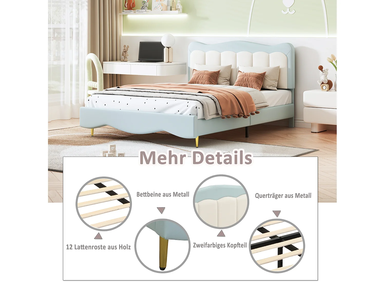 Volwassen bed 140x200cm, PU-lederen kinderbed, met lattenbodem, schattig hoofdbord, matras niet inbegrepen, lichtblauw