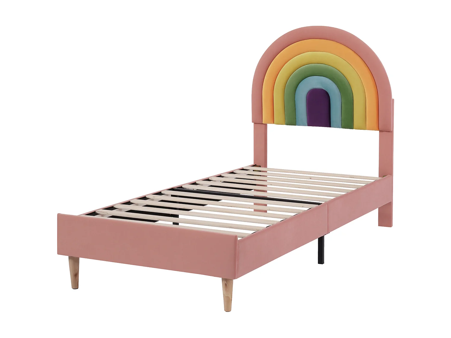 Lit simple 90x200cm capitonné avec sommier à lattes en bois et tête de lit réglable en forme de arc-en-ciel - lit en velour rose