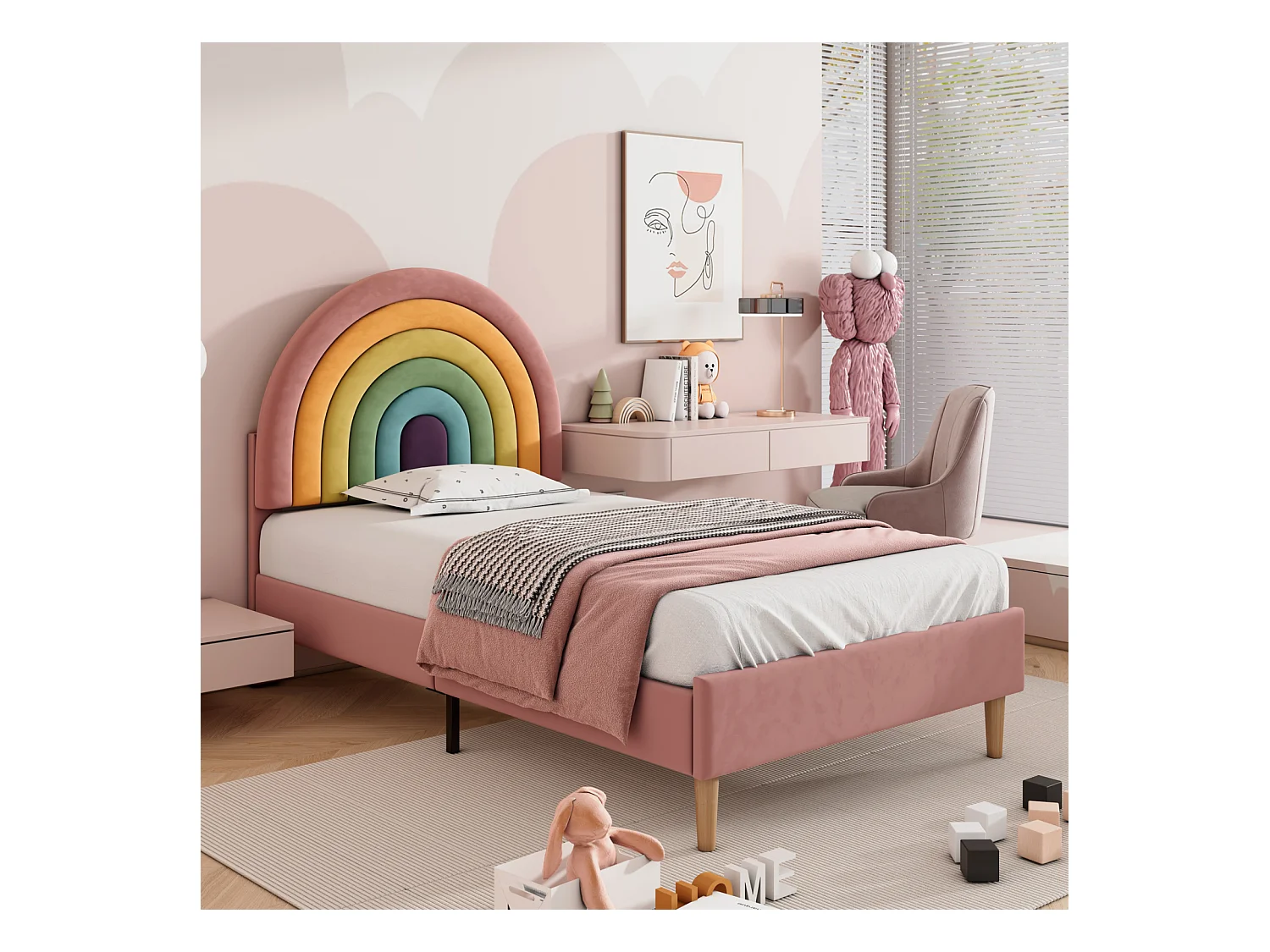 Lit simple 90x200cm capitonné avec sommier à lattes en bois et tête de lit réglable en forme de arc-en-ciel - lit en velour rose
